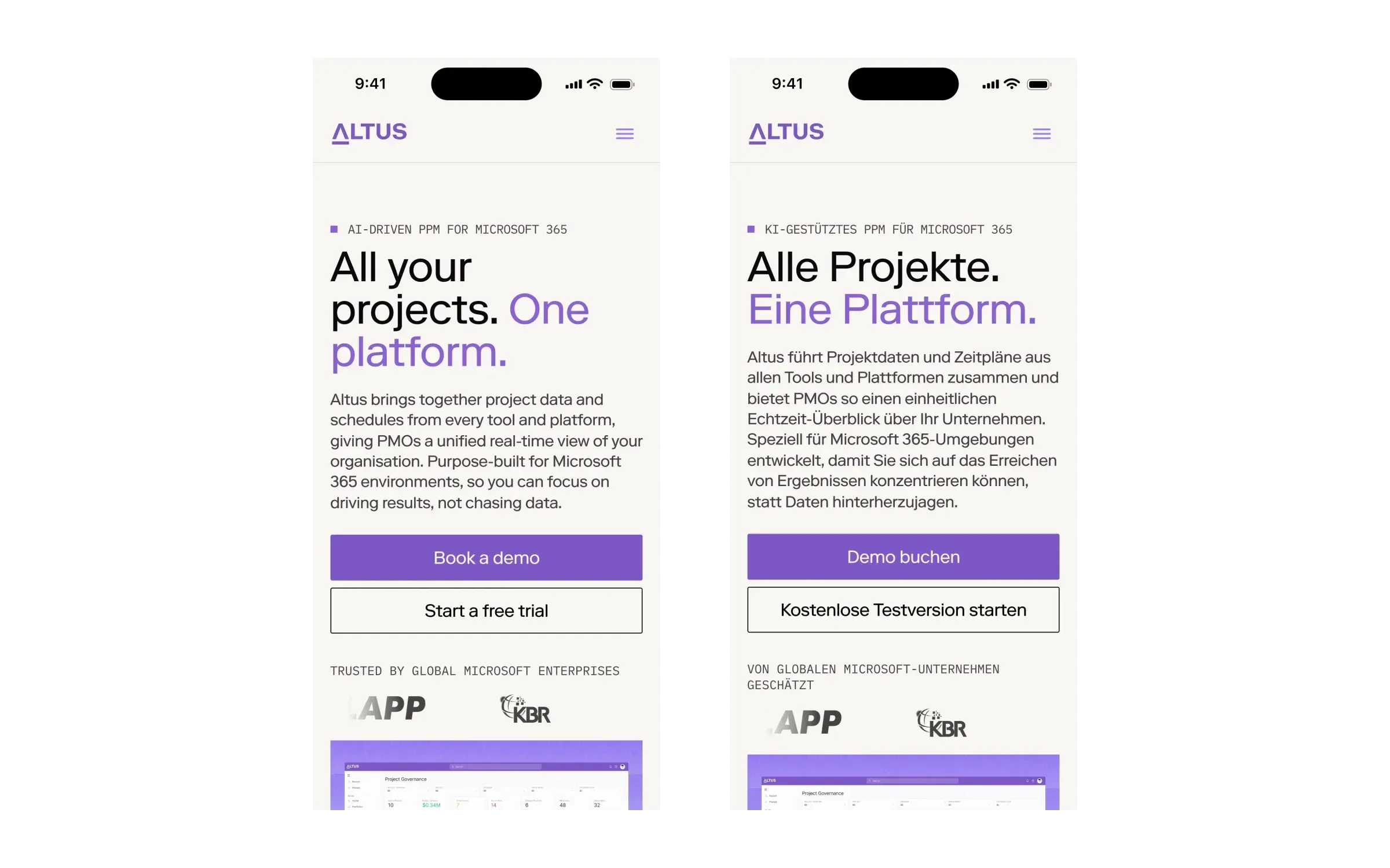 Altus’ home page on two phones: “All your projects. One platform.” in English, and “Alle Projekte. Eine Plattform.” in German