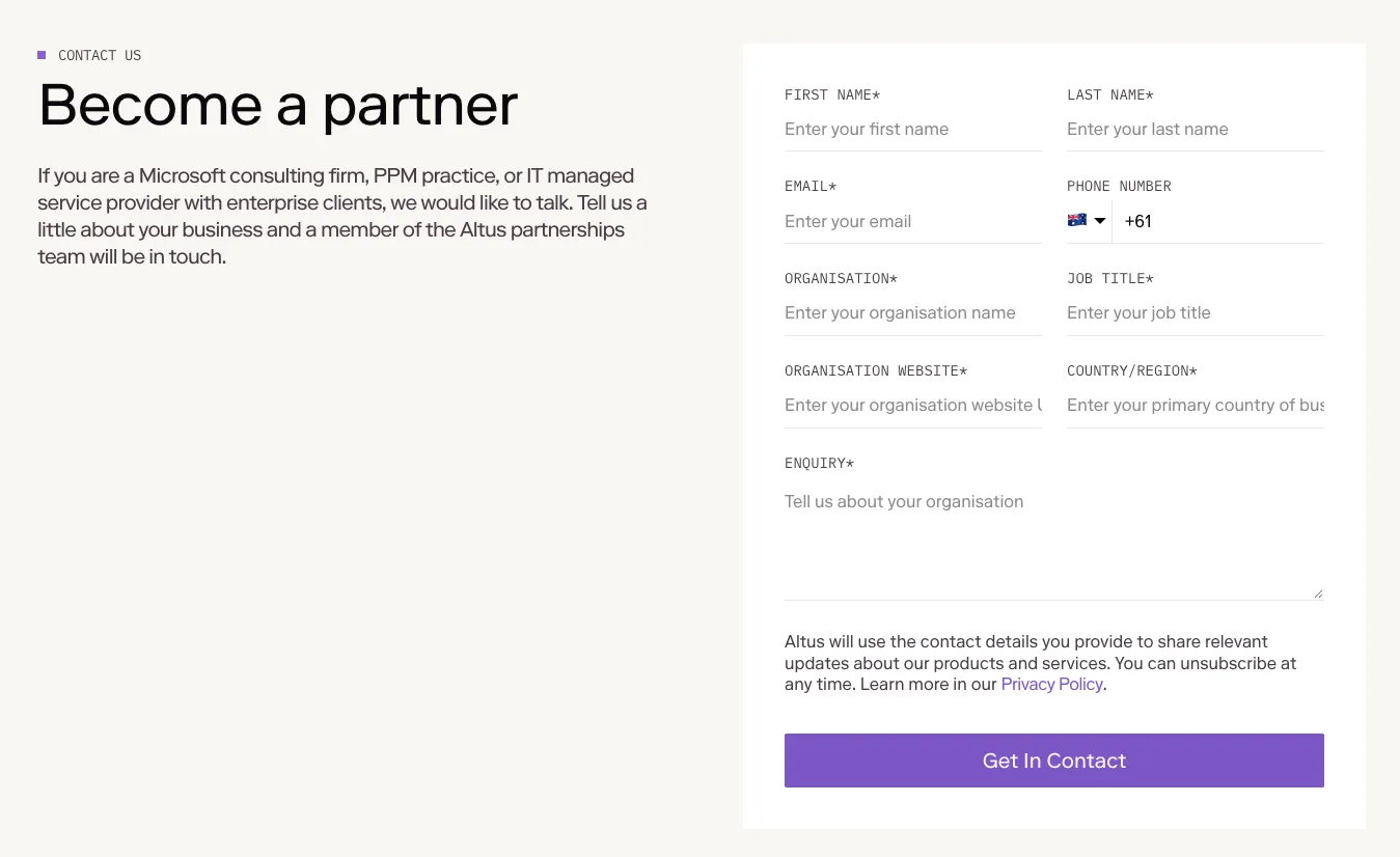 The “Become a partner” section on Altus’s Webflow site: a short introduction on the left and a HubSpot form on the right, with name, email, phone, organisation, job title, website, country and enquiry fields and a Get In Contact button