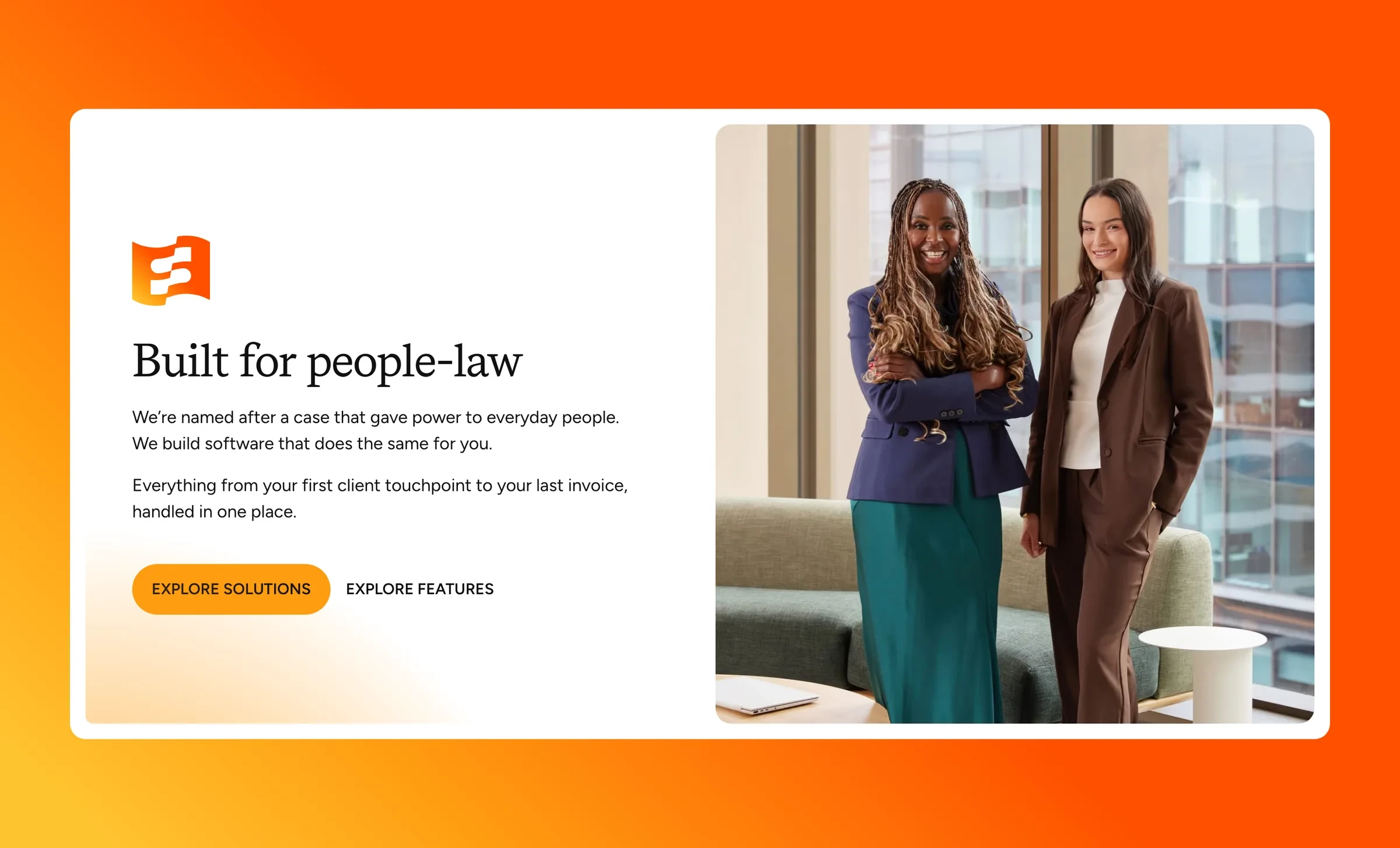 The “Built for people-law” section on the Australian home page, a photo card on Smokeball orange