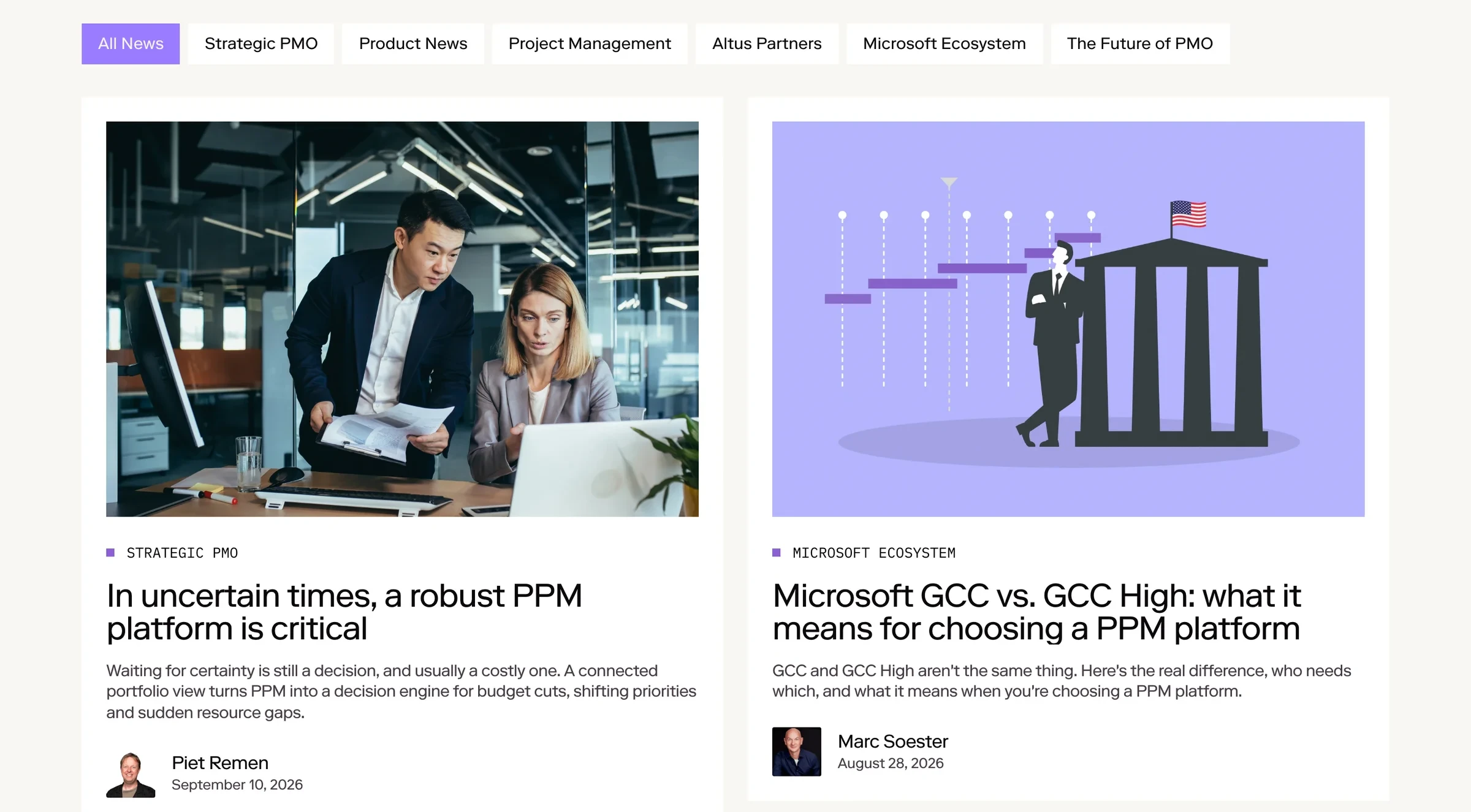 The Altus blog: category tabs over a grid of articles with their authors