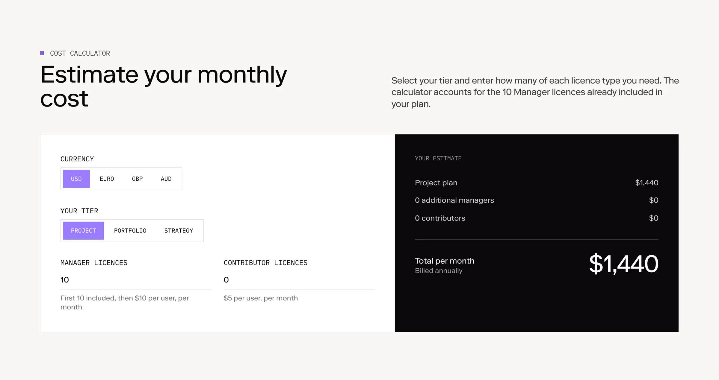 The Altus pricing calculator, with a currency switch and a monthly total