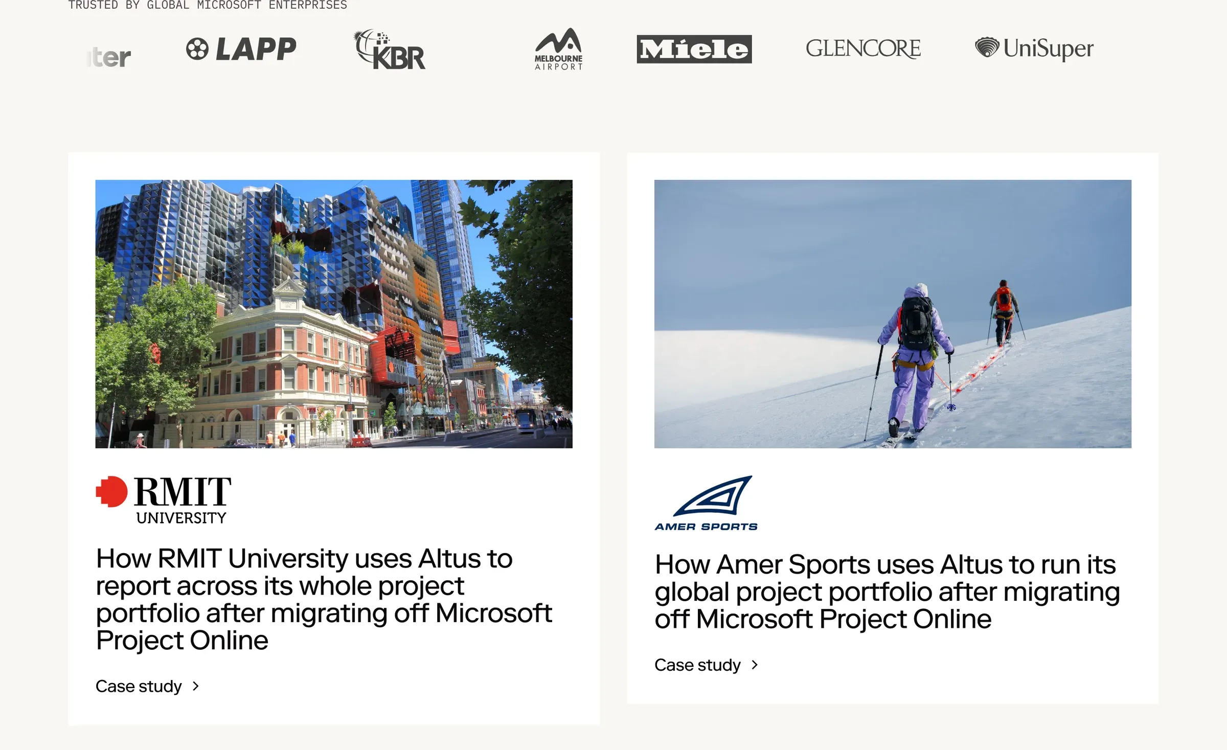 Altus case studies from RMIT, Amer Sports, The Lottery Corporation and Melbourne Airport, under a strip of client logos
