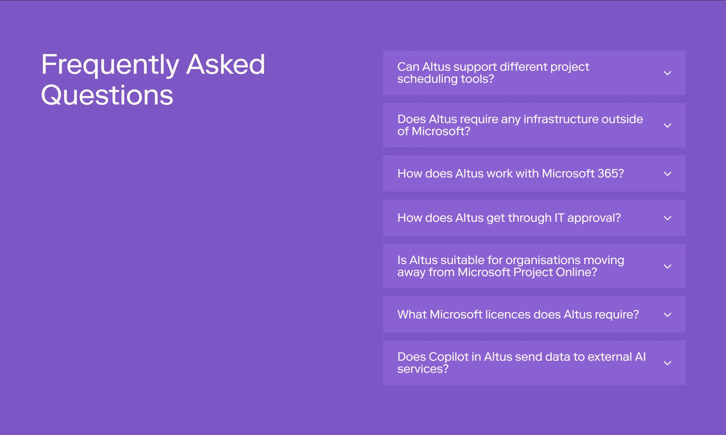 The FAQ section, in Altus purple