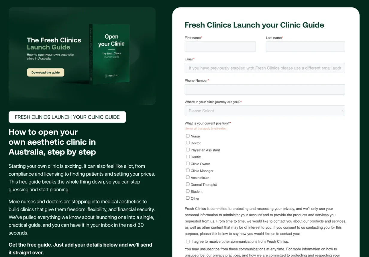 Fresh Clinics’ Launch your Clinic Guide page: the guide’s cover and summary on a dark green background, beside a HubSpot form asking for name, email, phone, clinic stage and position