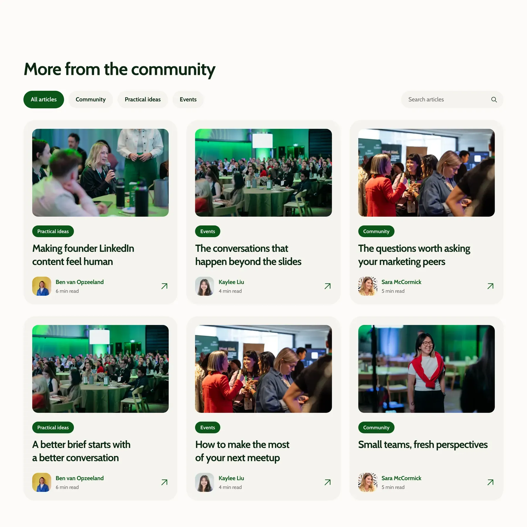 Generate’s blog: category filters for Community, Practical ideas and Events above six article cards, each with its category, title, author photo and reading time