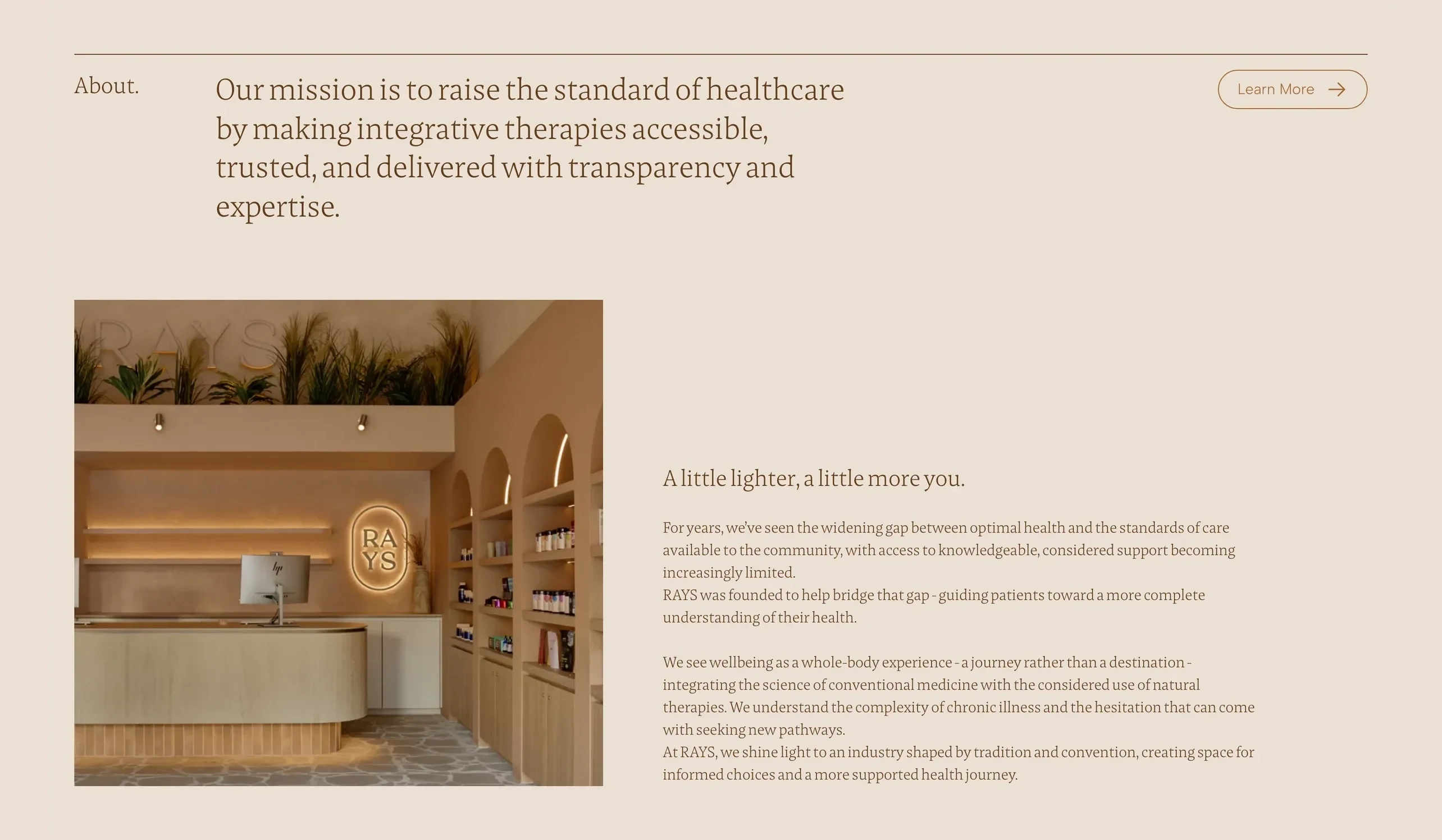 About RAYS: the mission statement above a photo of a store’s counter and the story “A little lighter, a little more you.”
