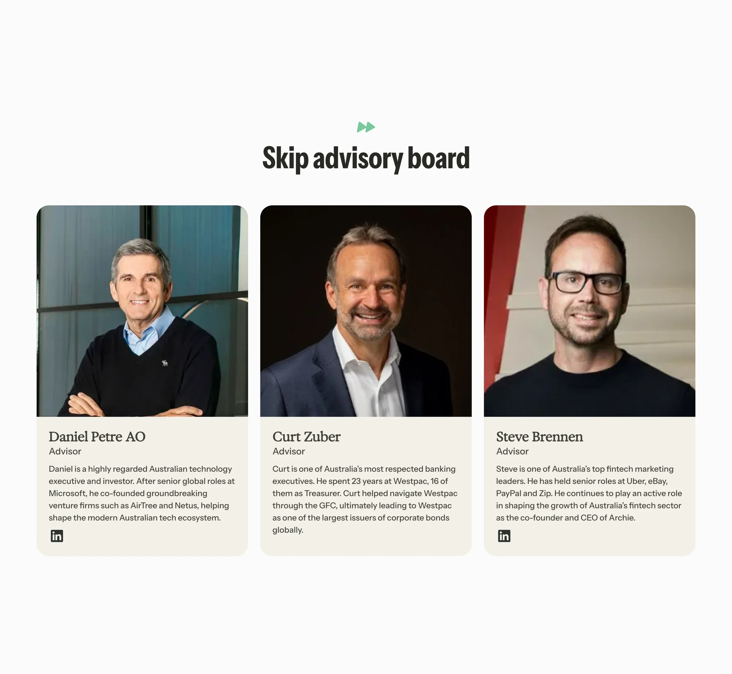 Skip’s advisory board: three advisers with their portraits