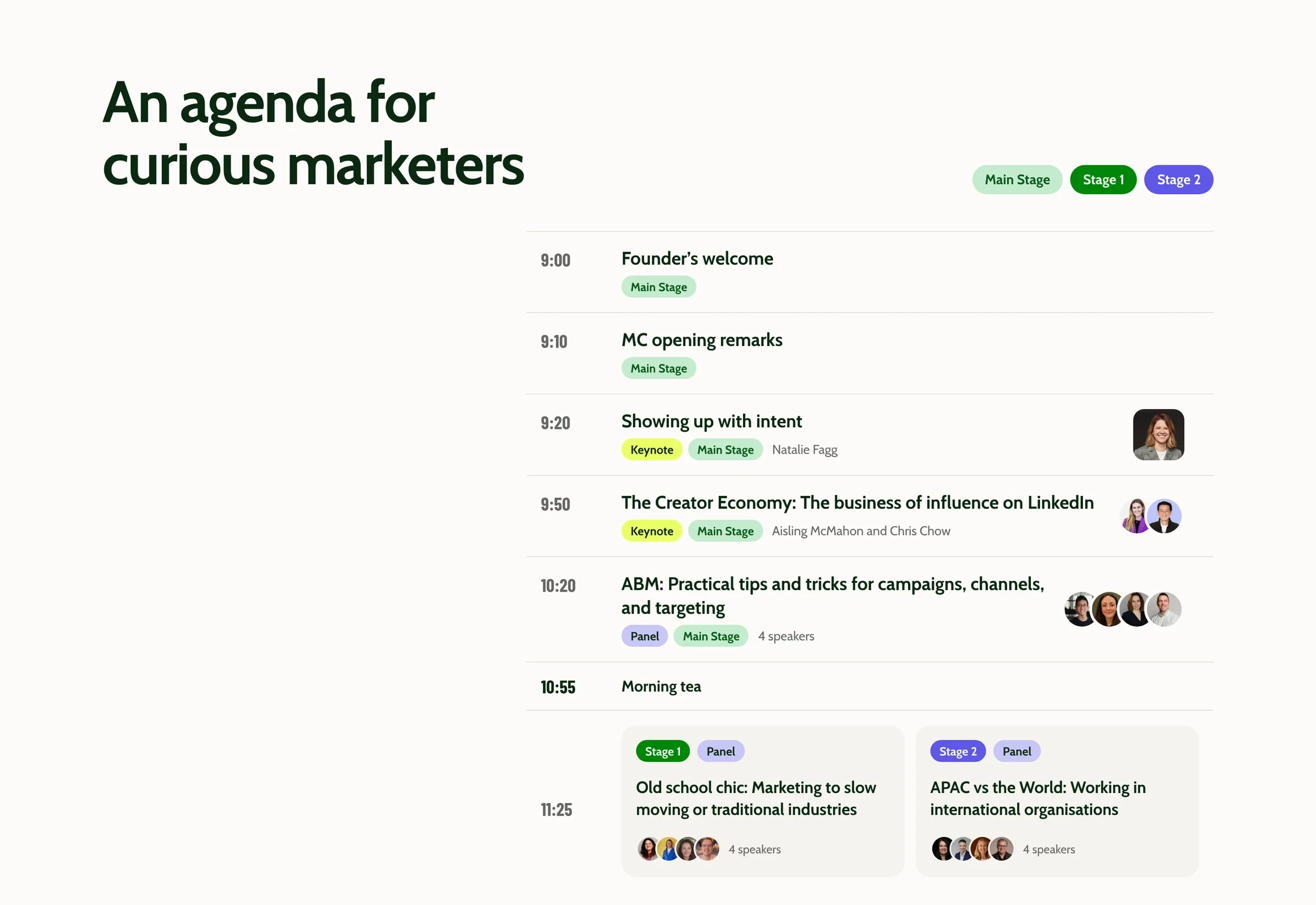 An agenda for curious marketers: the Summit’s sessions by time, colour-coded by stage, with their speakers