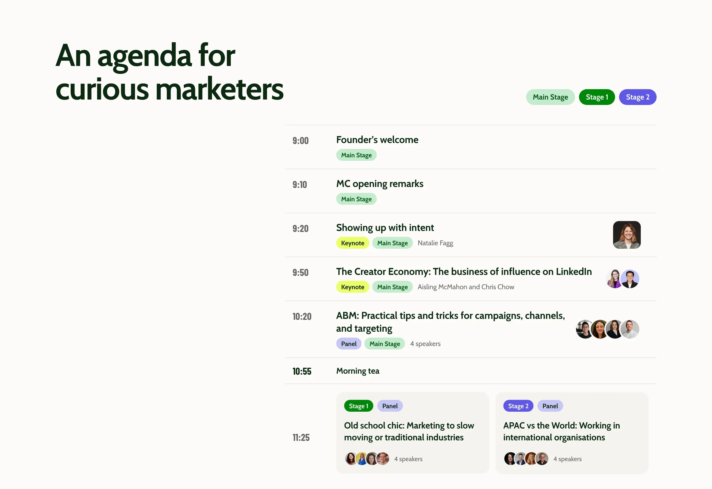 The Generate Summit agenda on the new Astro site, with sessions colour-coded by stage