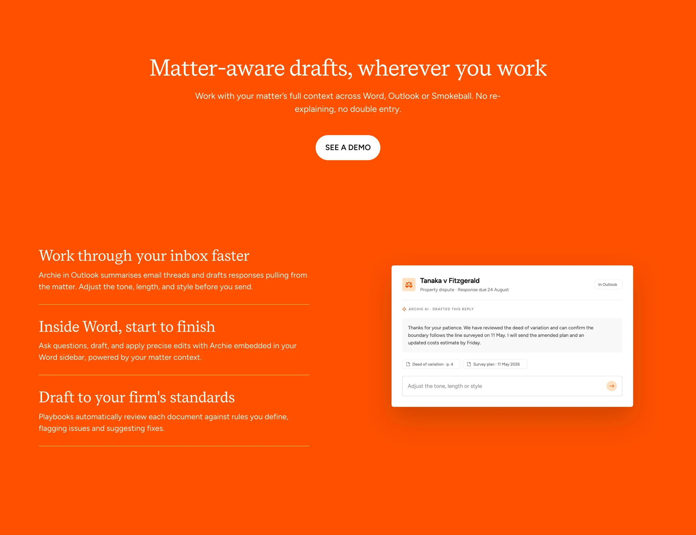 The Archie page: matter-aware drafts across Word, Outlook and Smokeball, on Smokeball orange