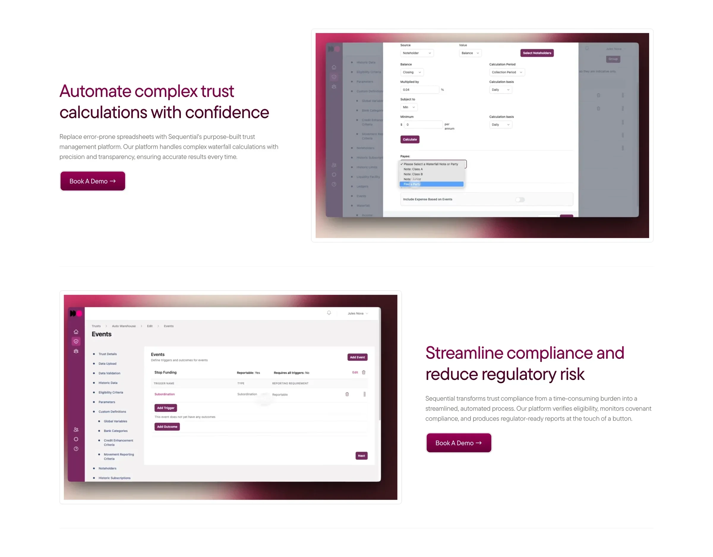 The product page’s first two features, each beside a video of the platform in a gradient frame