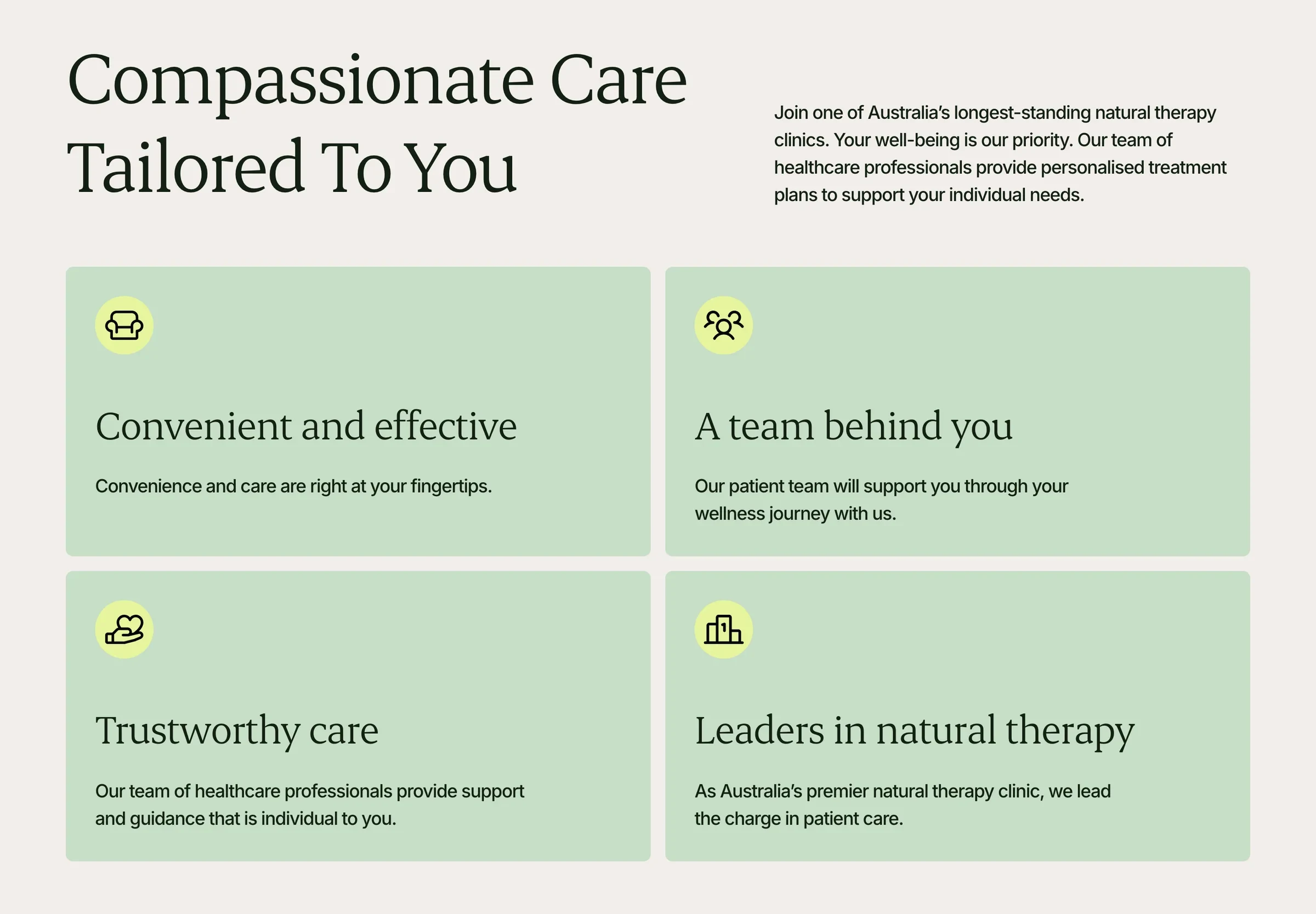 Compassionate care tailored to you: four reasons to choose the clinic, in sage cards