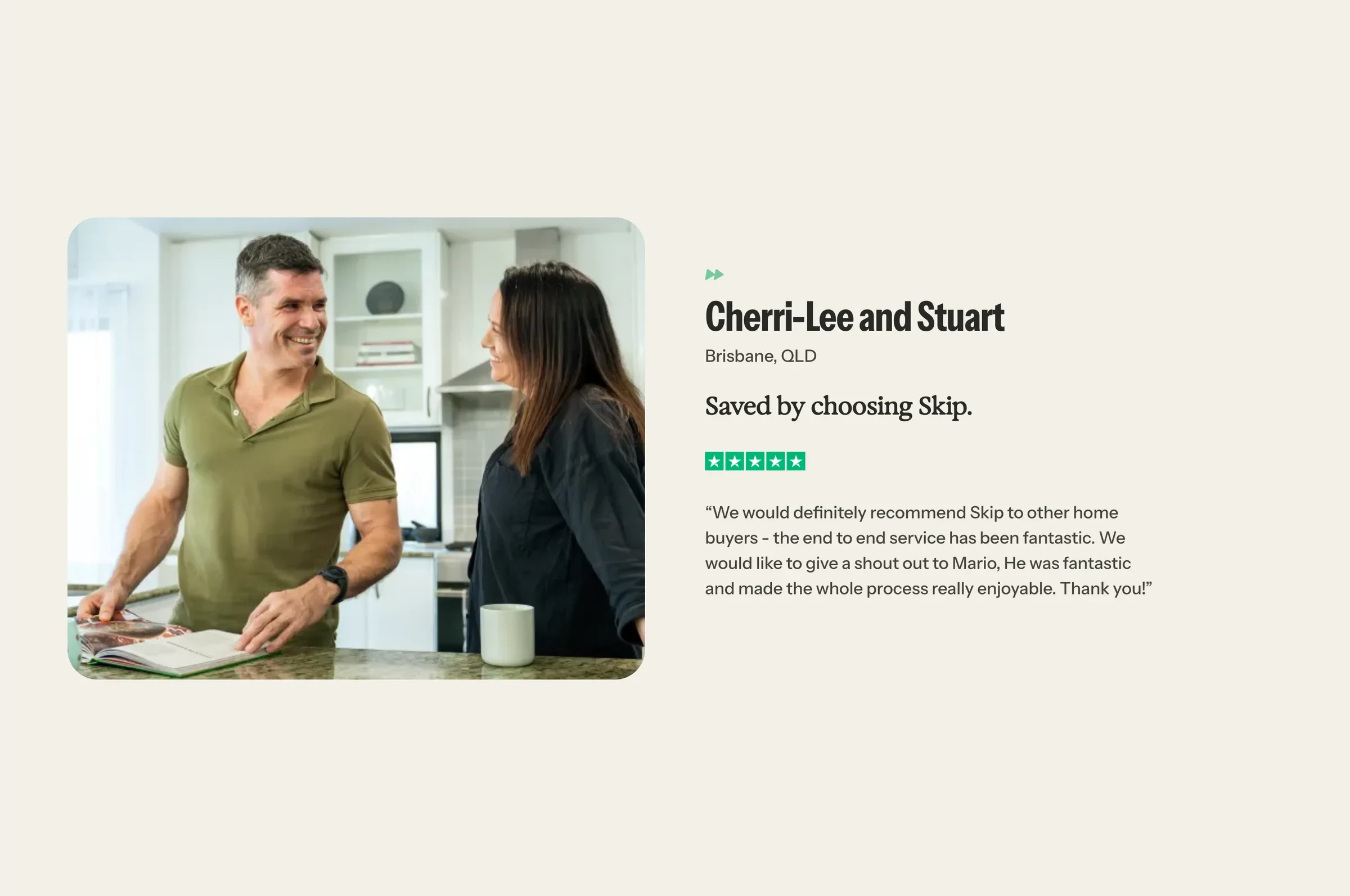 A customer story: a couple in their kitchen beside their five-star review