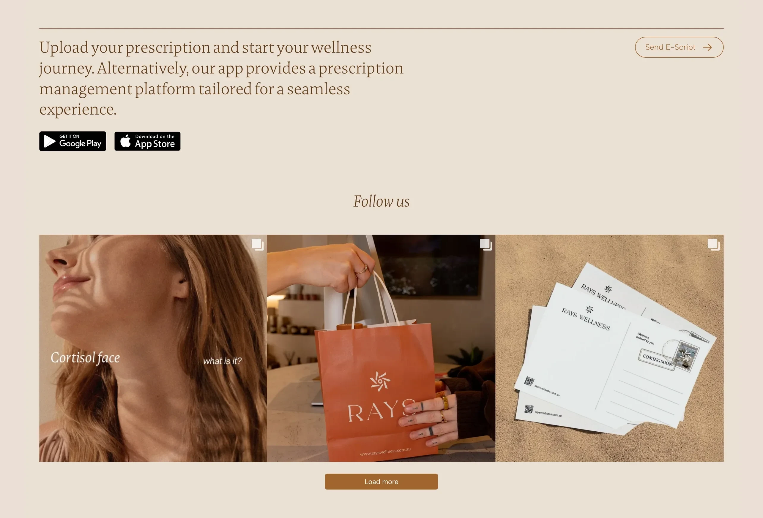 Upload your prescription: the e-script button and app store links above the RAYS Instagram feed