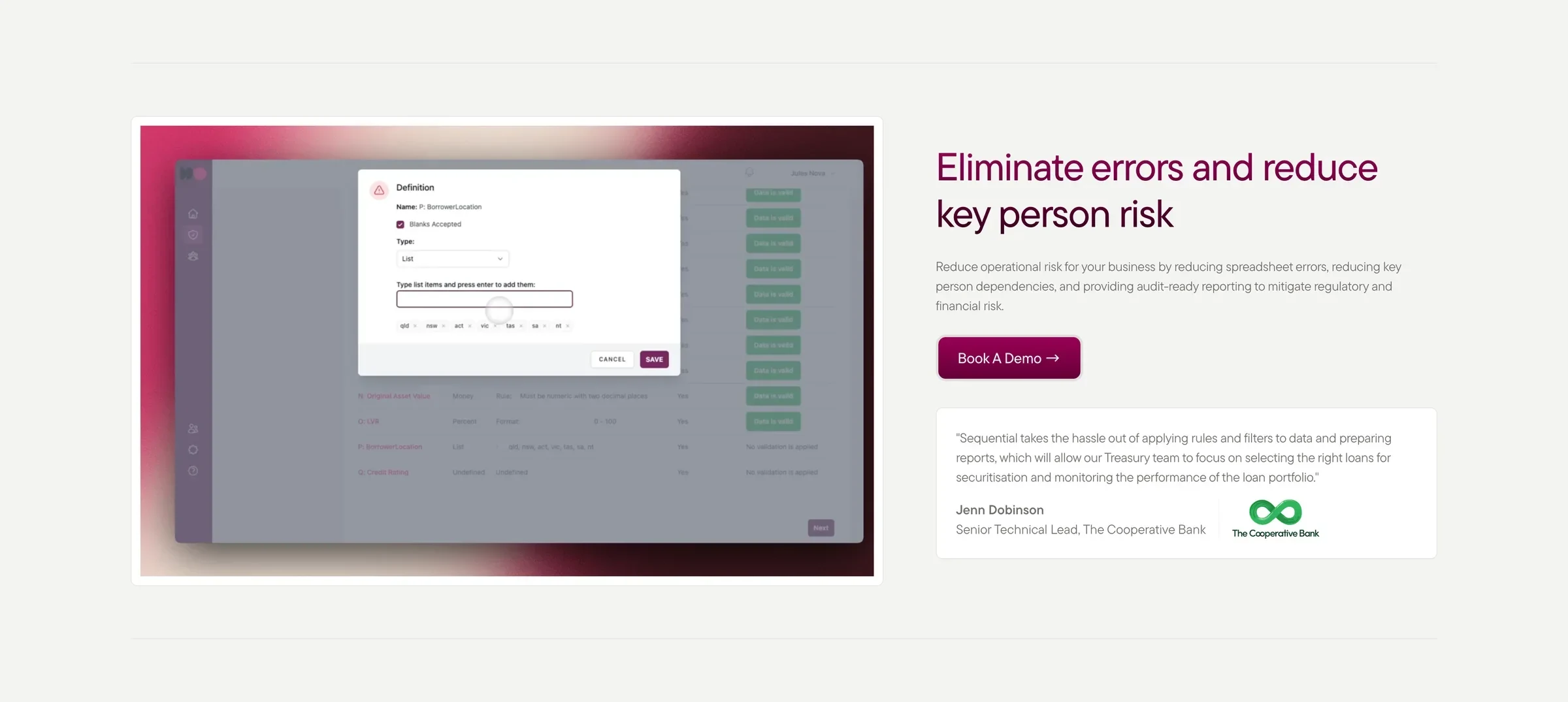 Eliminate errors and reduce key person risk: a video of the platform beside a quote from The Co-operative Bank