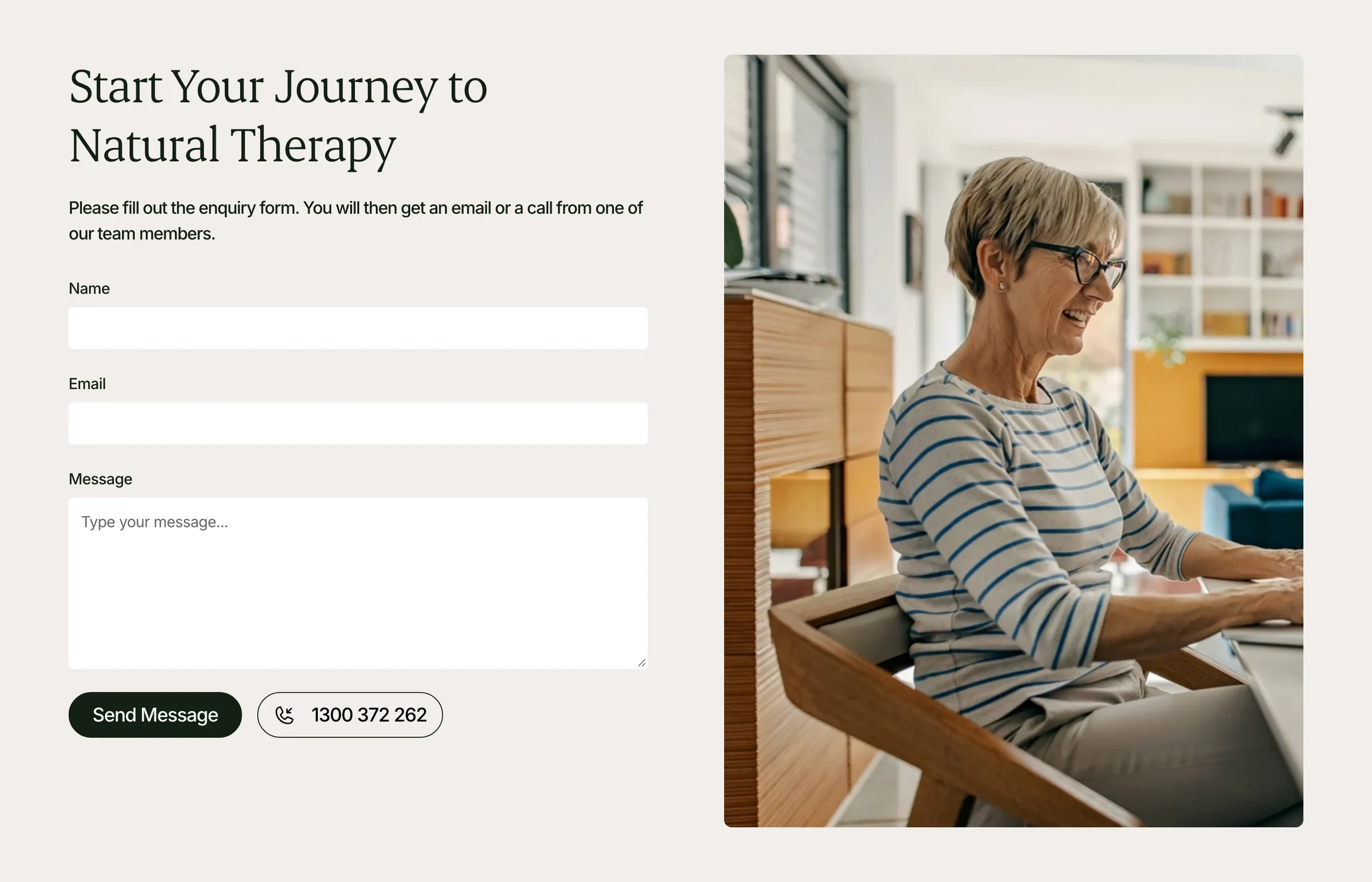 Start your journey: the enquiry form beside a photo of a woman at her laptop