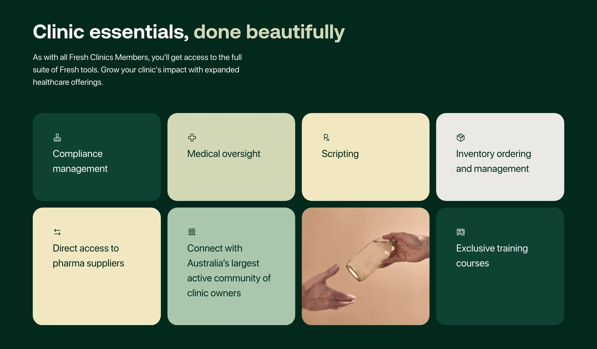 Clinic essentials, done beautifully: a grid of the tools every member gets