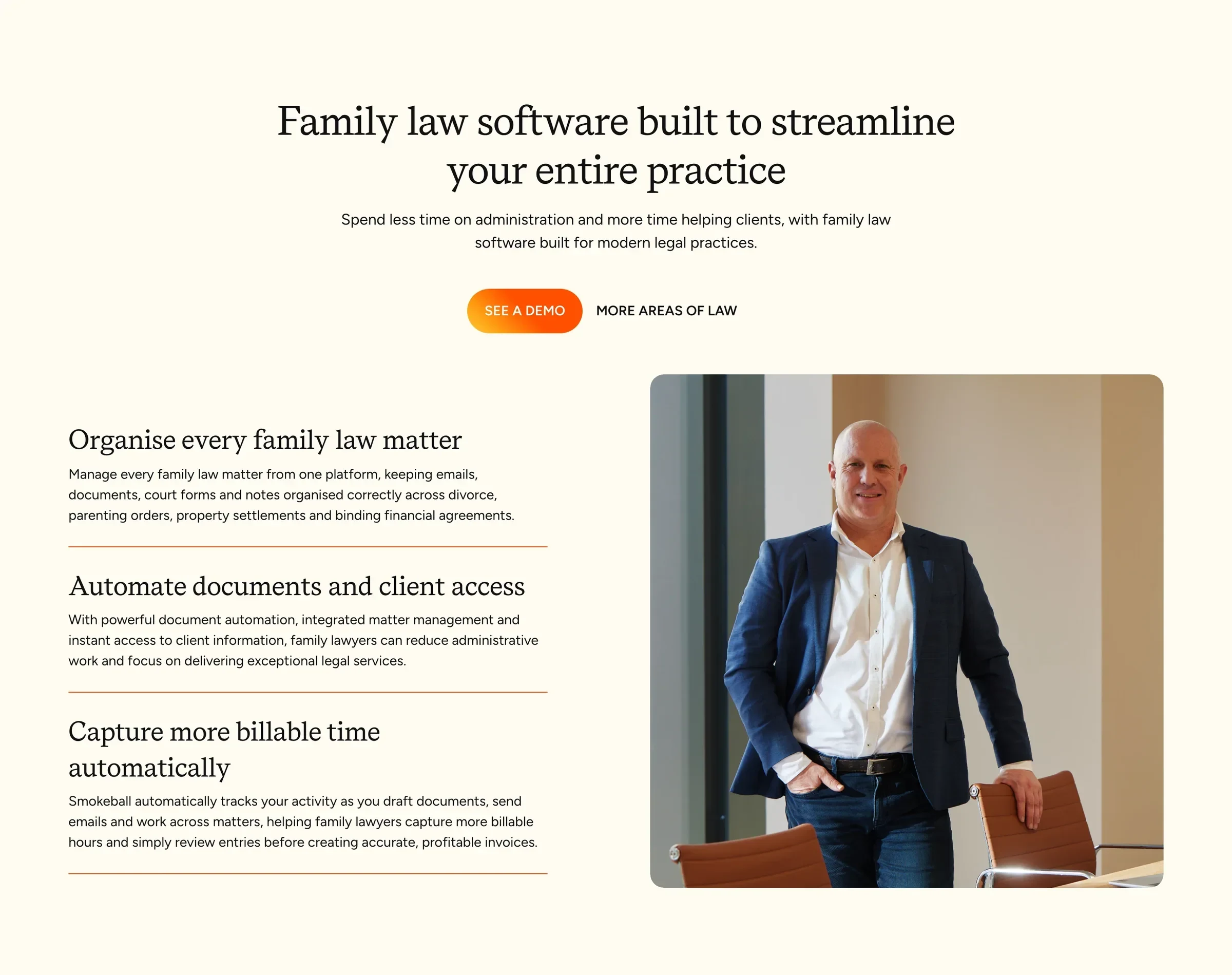 Family law software: three benefits beside a portrait of a lawyer