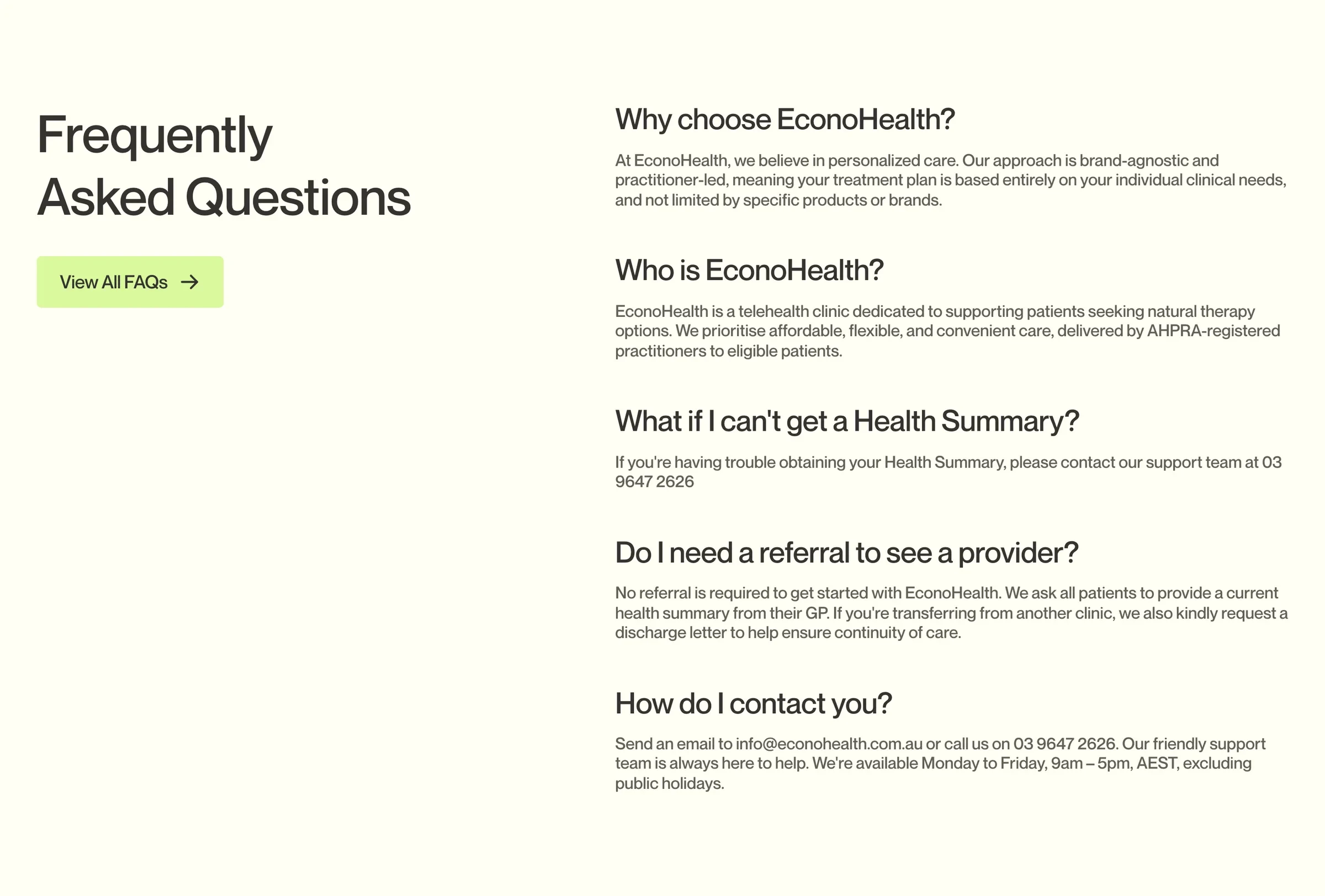 Frequently asked questions on the home page, with a link to them all