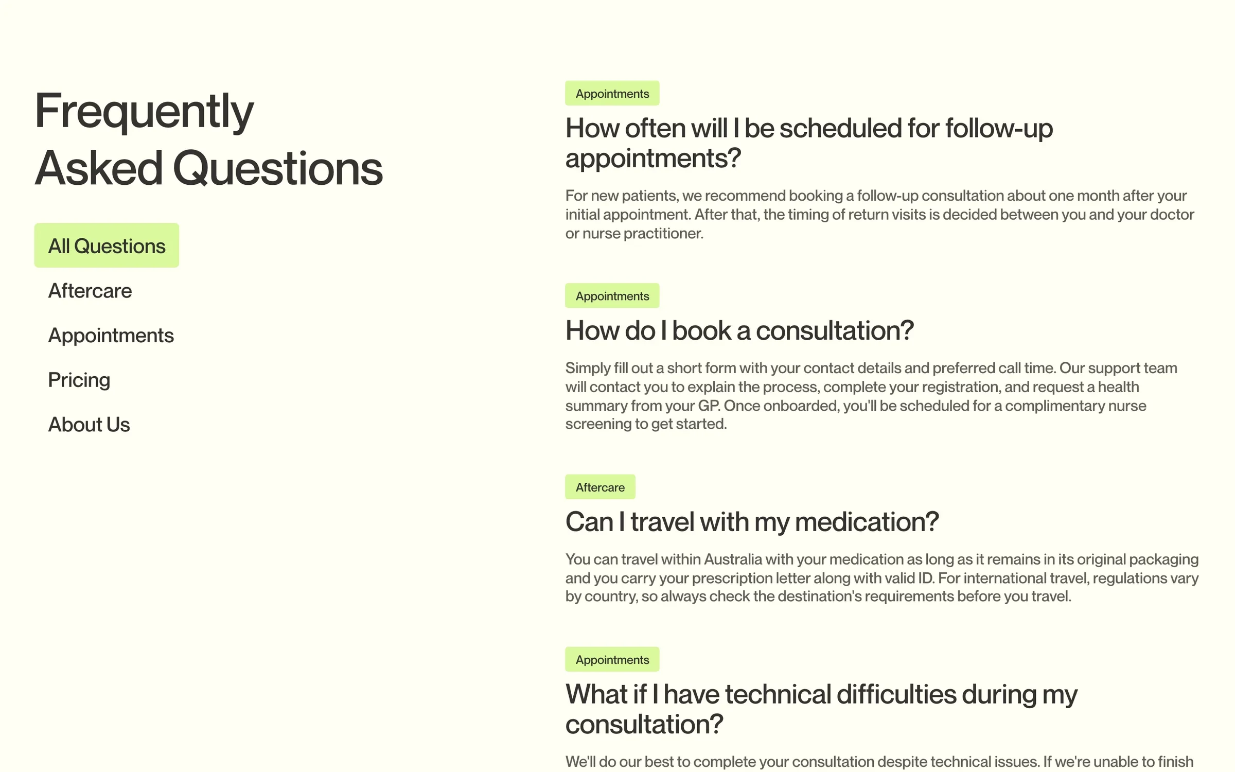 The FAQ page, filterable by appointments, aftercare, pricing and the clinic