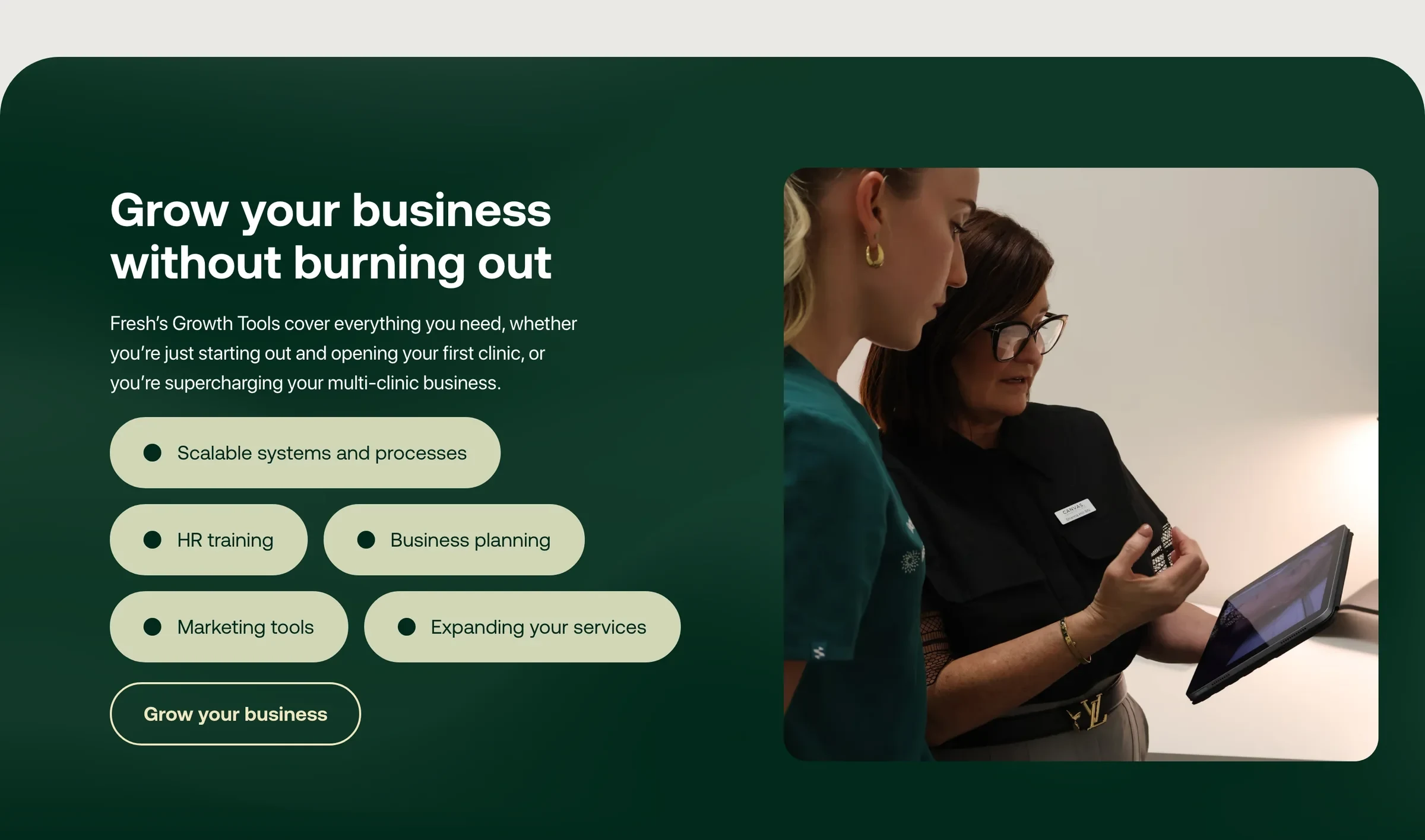 Grow your business without burning out: growth tools beside a photo
