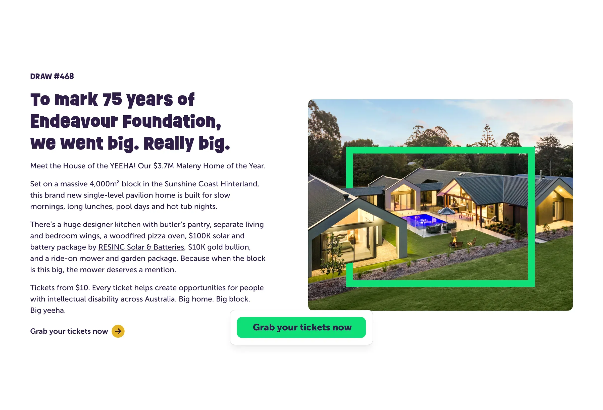 The House of the Year draw page: a headline, the prize details and a ticket button beside a photo of the home