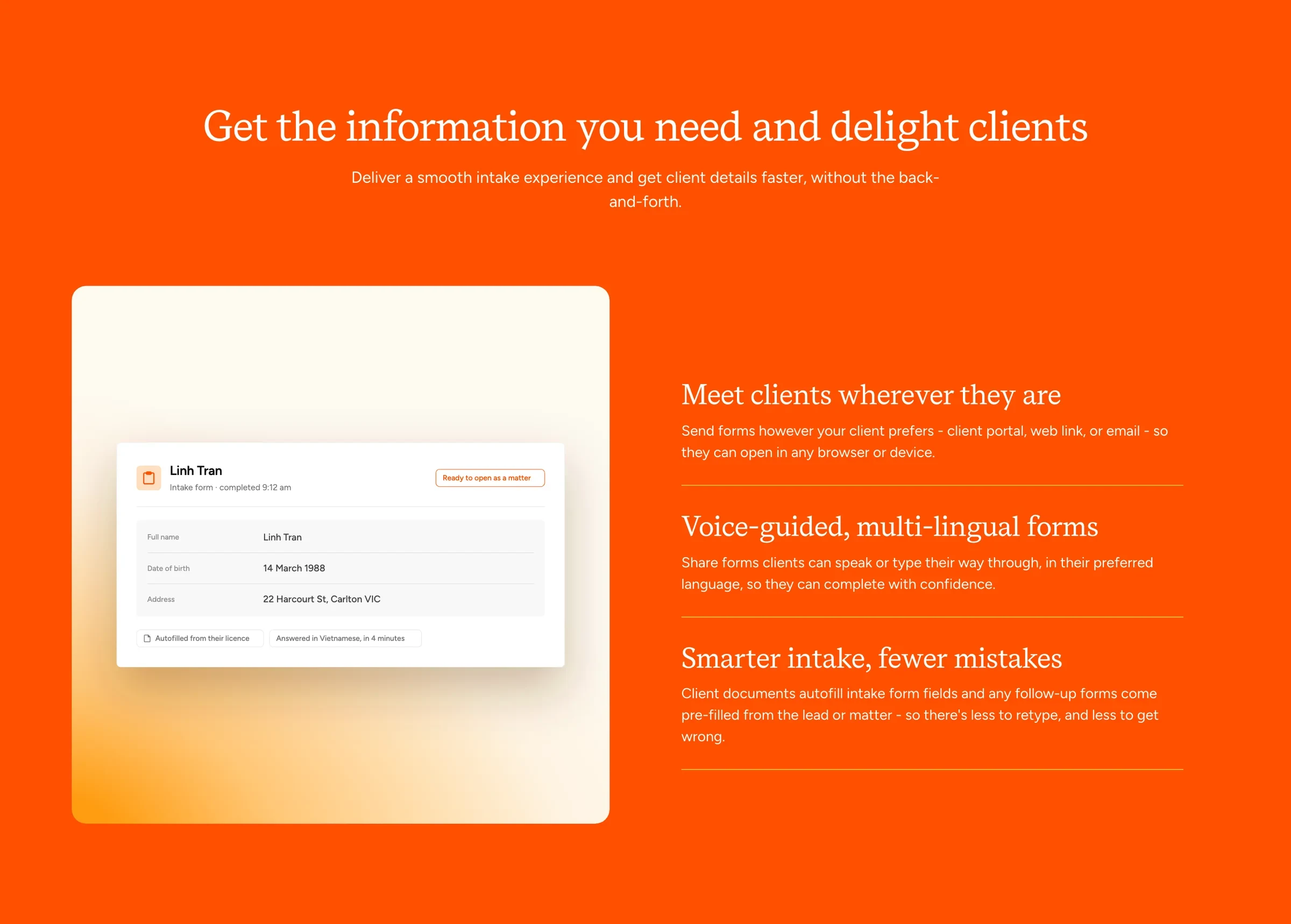 The intake page: a client’s form details beside three benefits, on orange