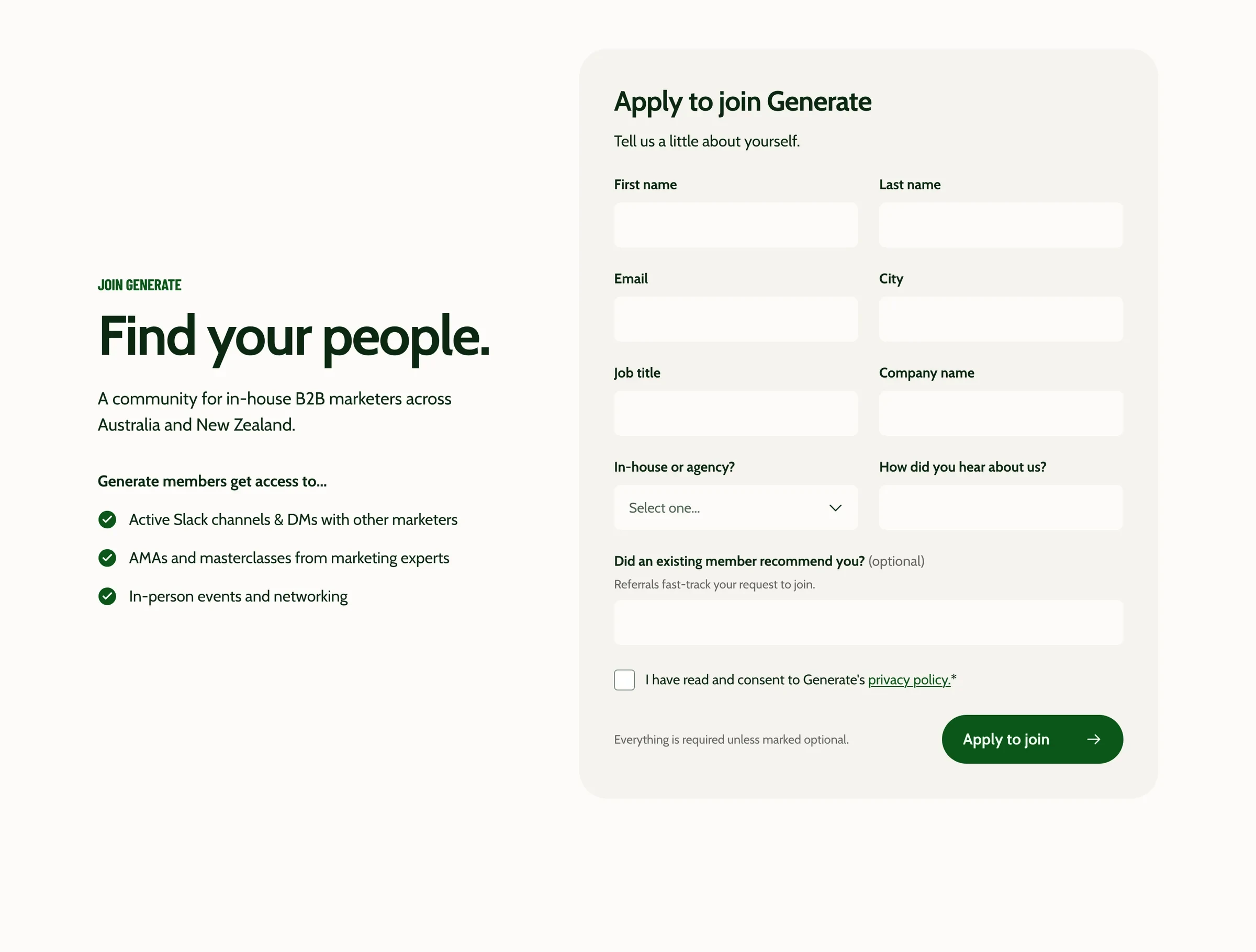 Find your people: the join form beside what members get access to