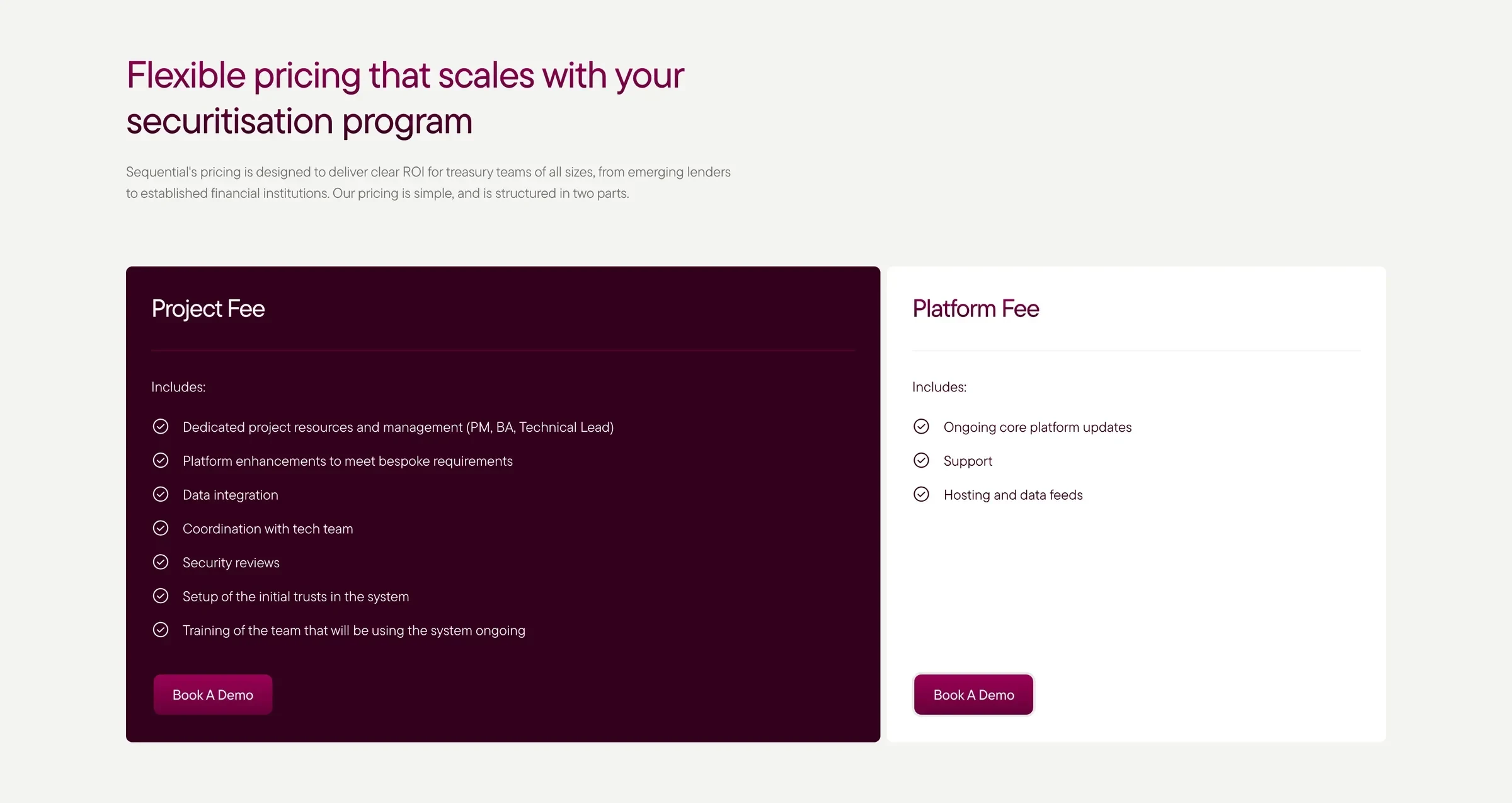 Flexible pricing that scales with your securitisation program: the project fee and platform fee cards