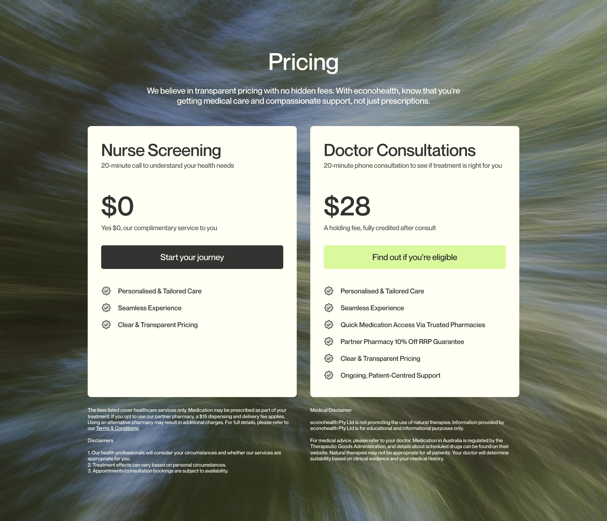 Pricing: a nurse screening and a doctor consultation side by side, over a blurred landscape