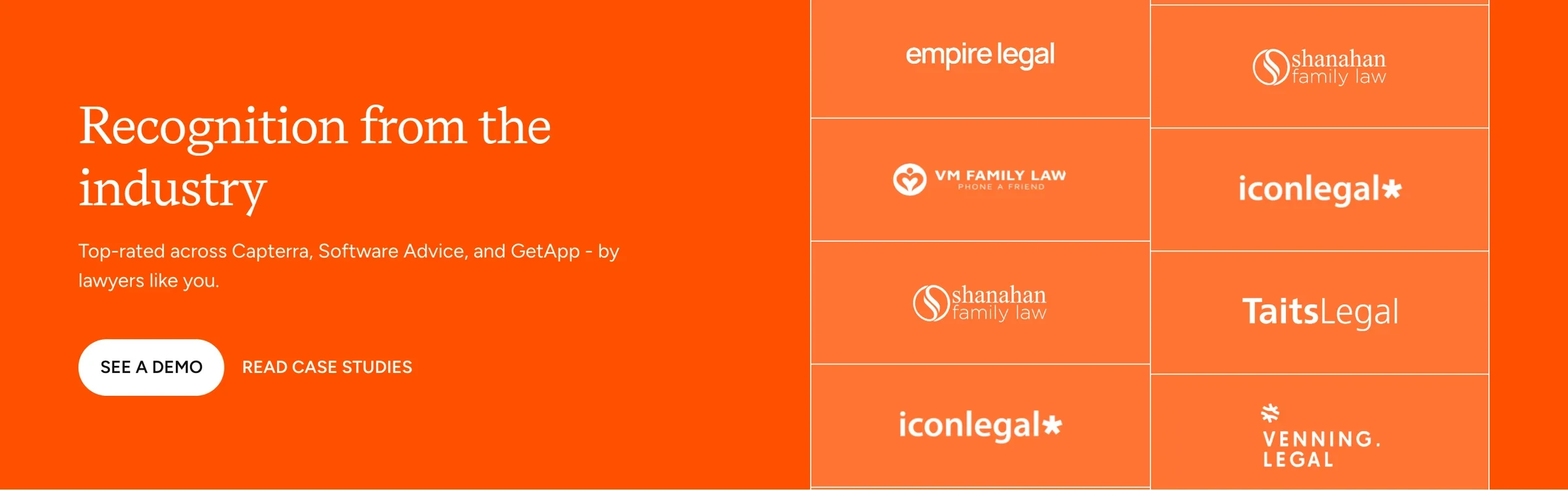 Recognition from the industry: client logos on orange