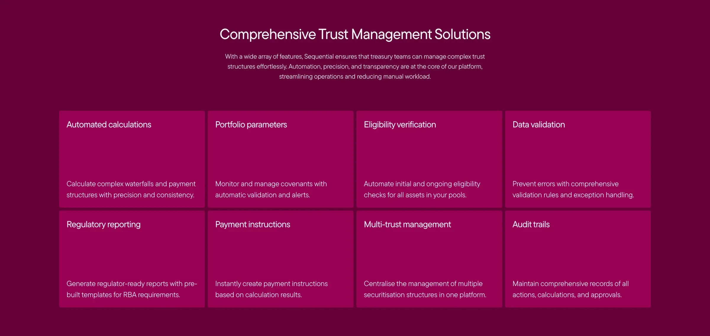 Comprehensive trust management solutions: eight feature cards in magenta on deep plum