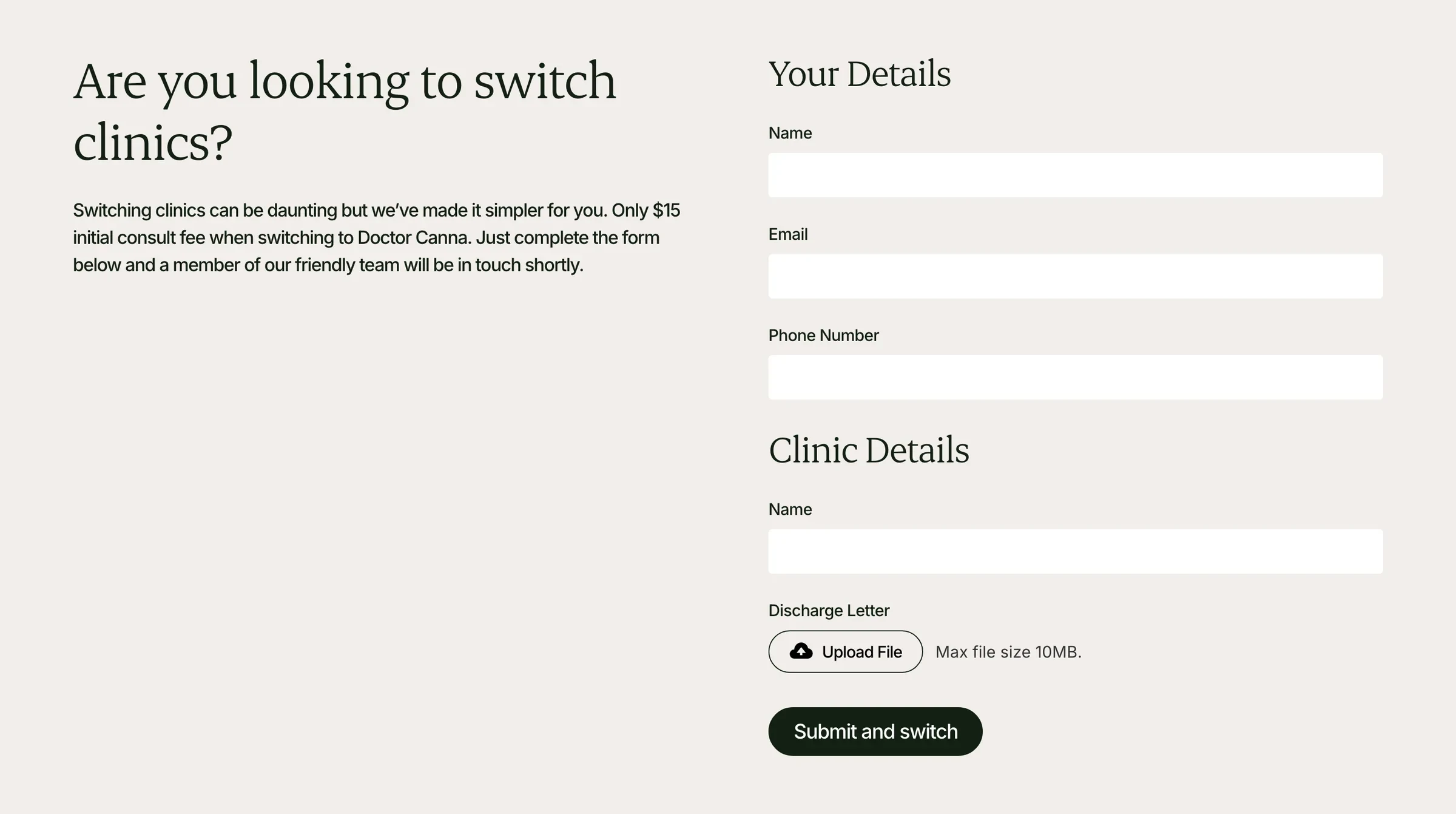 Are you looking to switch clinics?: the switching form with a discharge letter upload