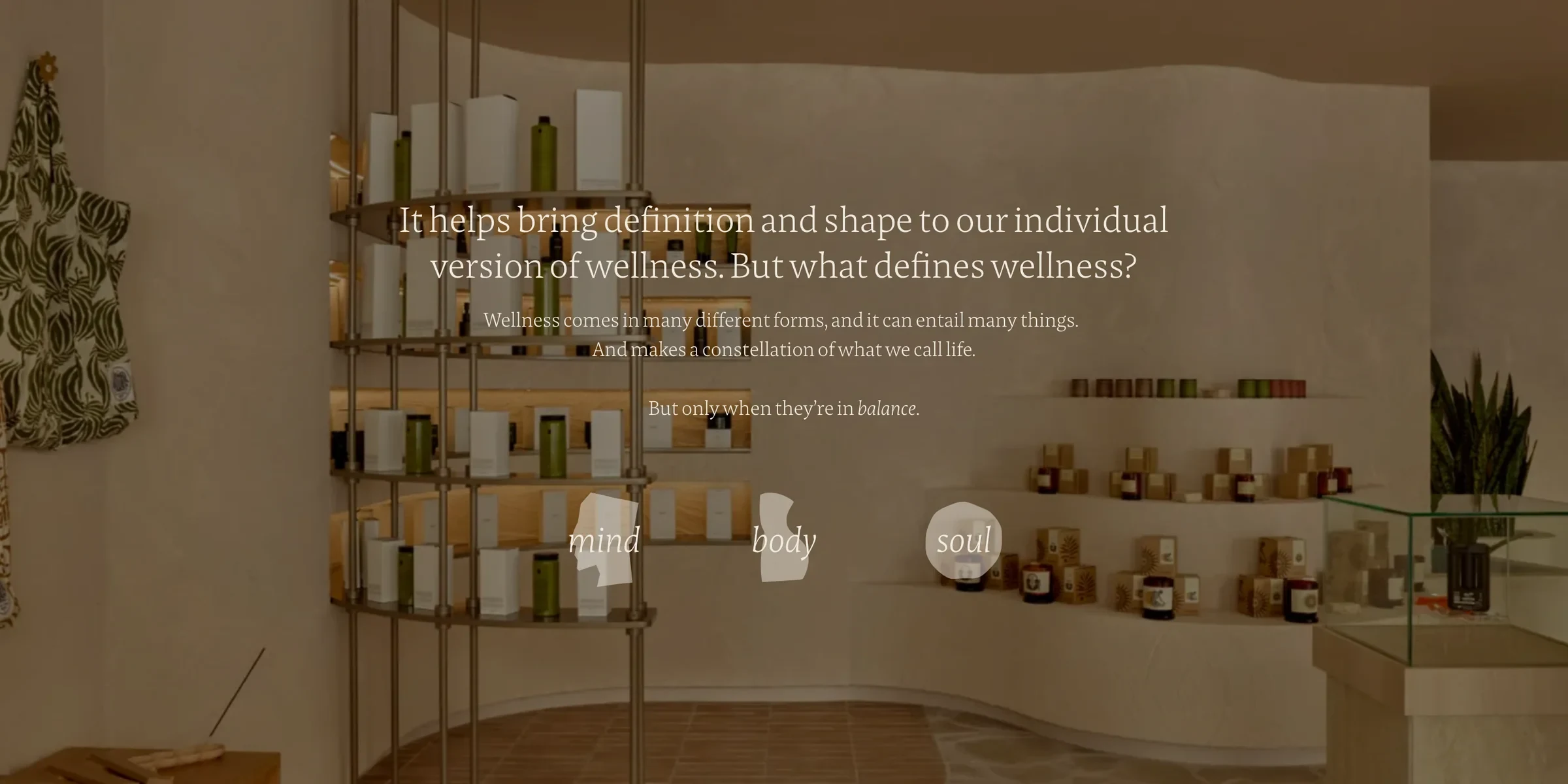 What defines wellness?: the mind, body and soul band over a photo of the store’s shelves