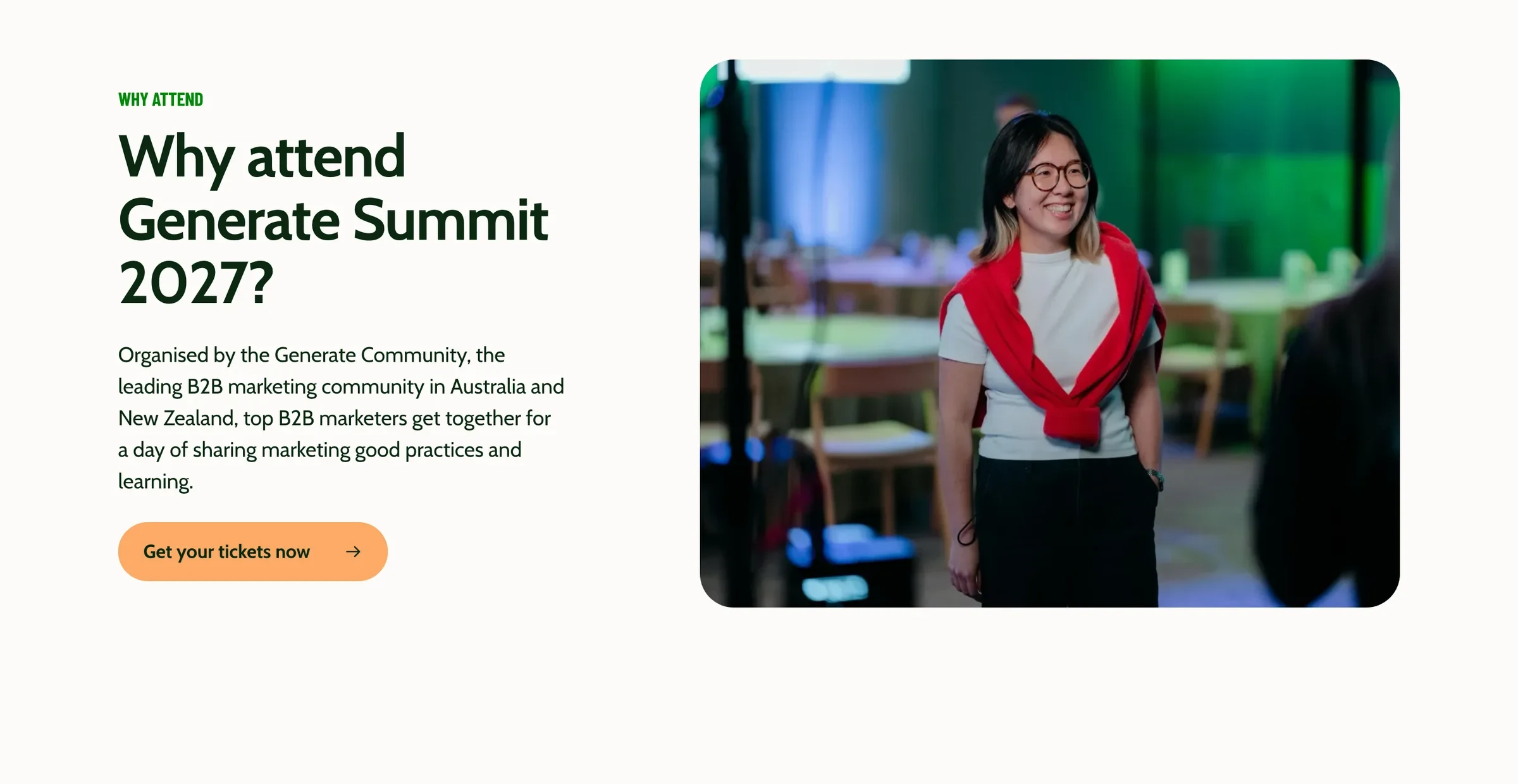 Why attend Generate Summit, beside a photo of an attendee