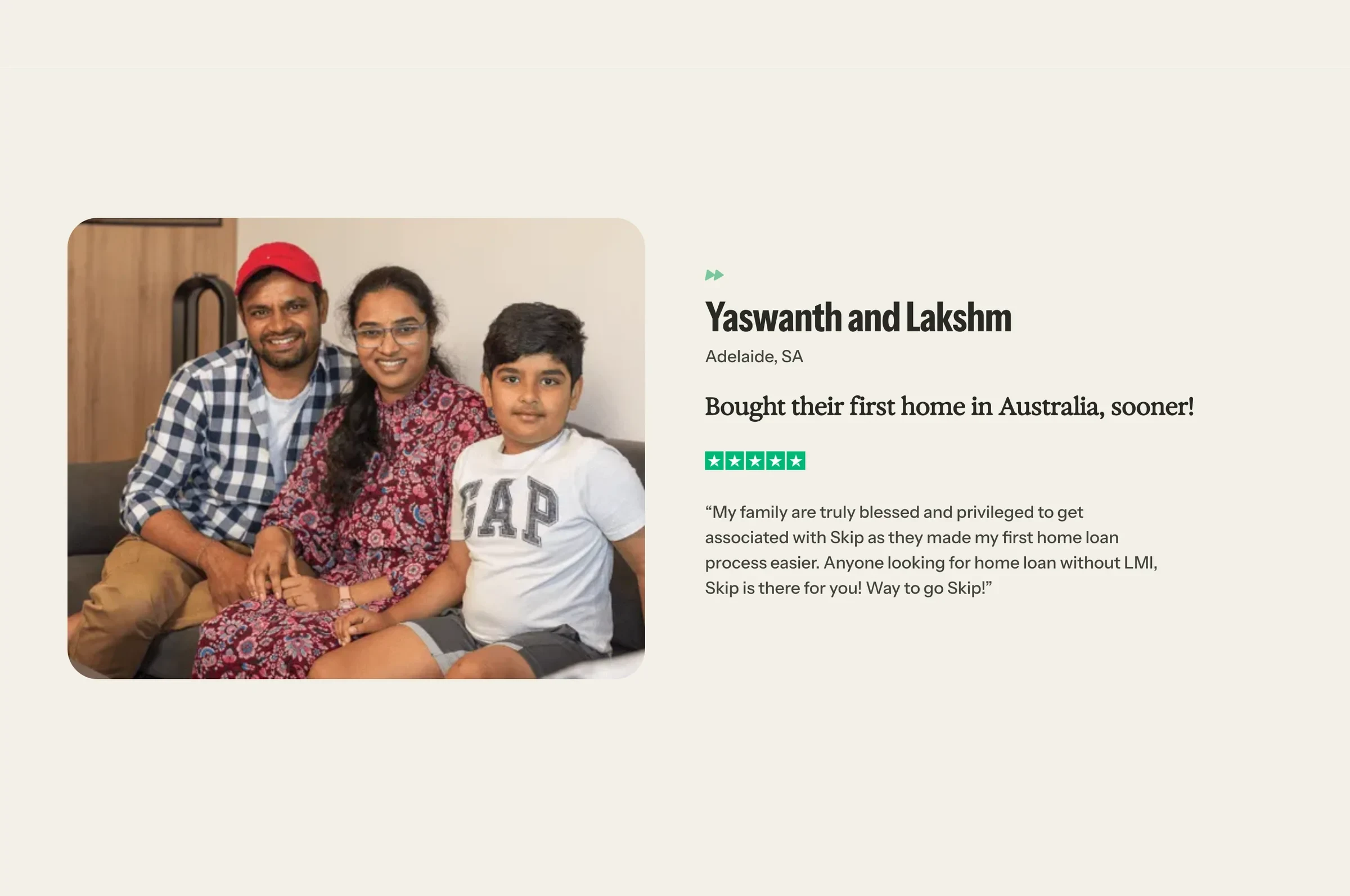 A customer story: a family on their couch beside their review