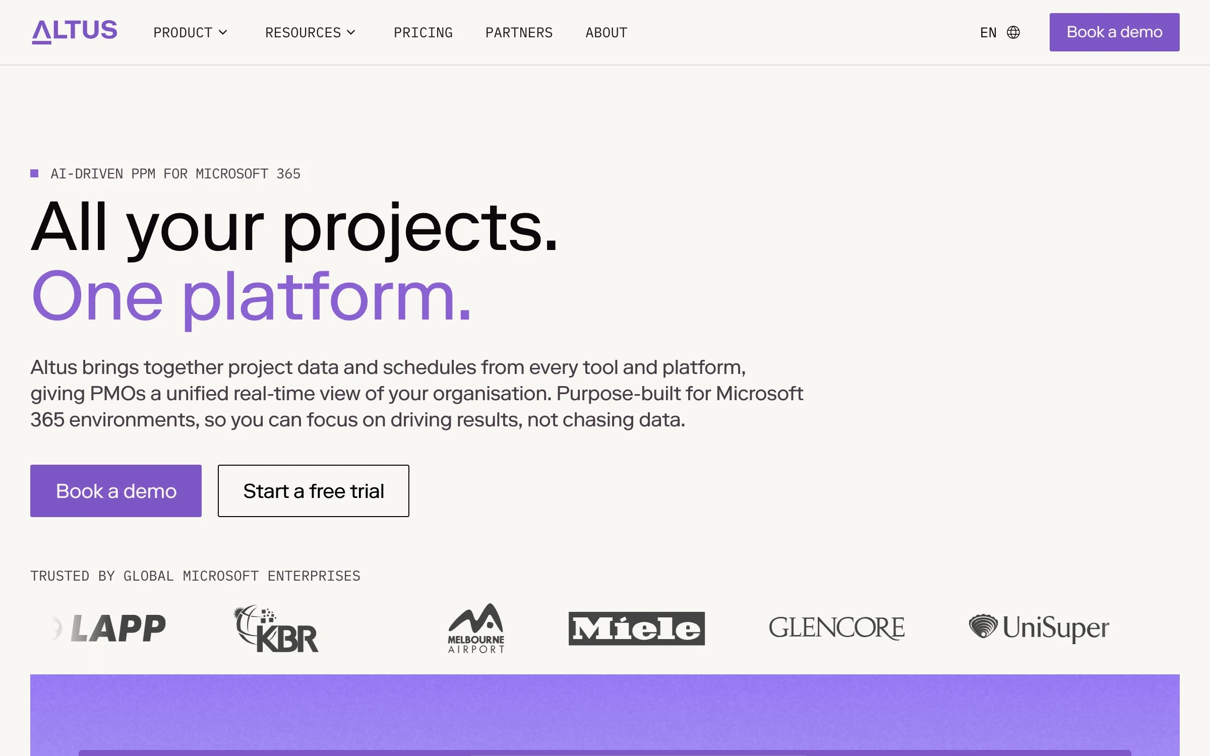The Altus home page: “All your projects. One platform.”