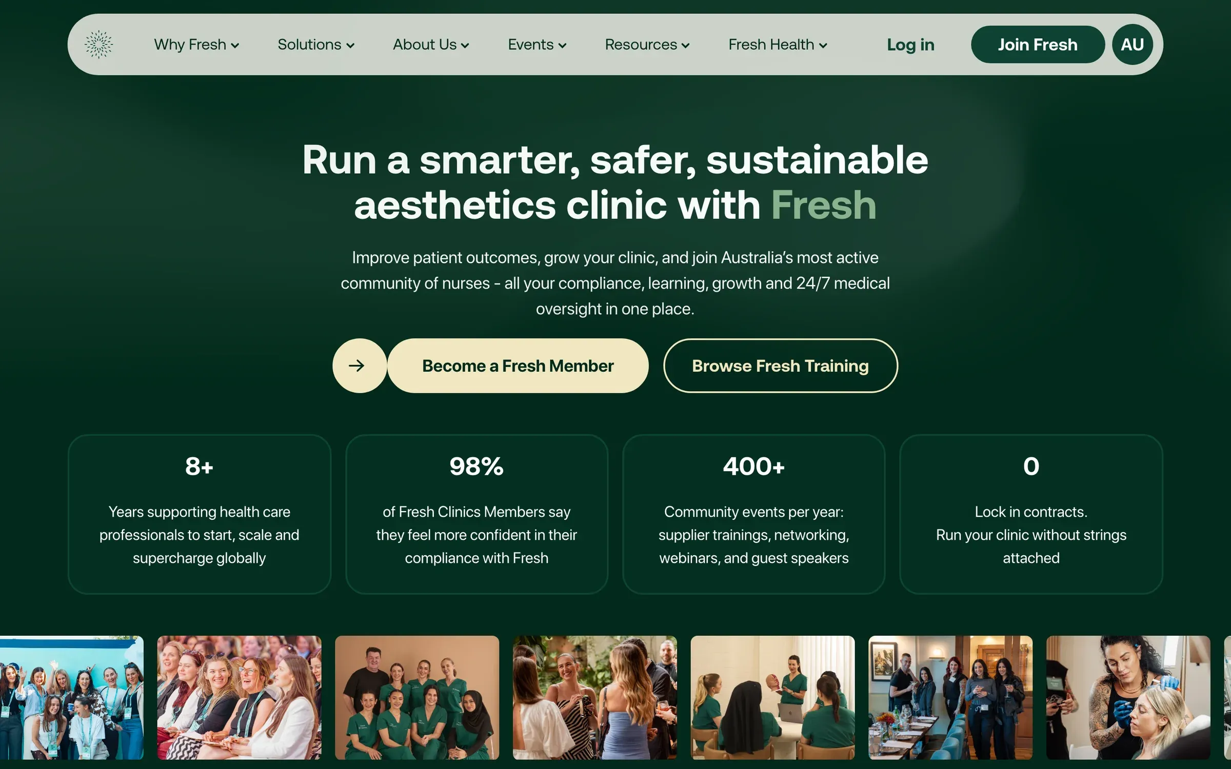 The Fresh Clinics home page in Australia: “Run a smarter, safer, sustainable aesthetics clinic with Fresh”, with an AU switch in the navigation