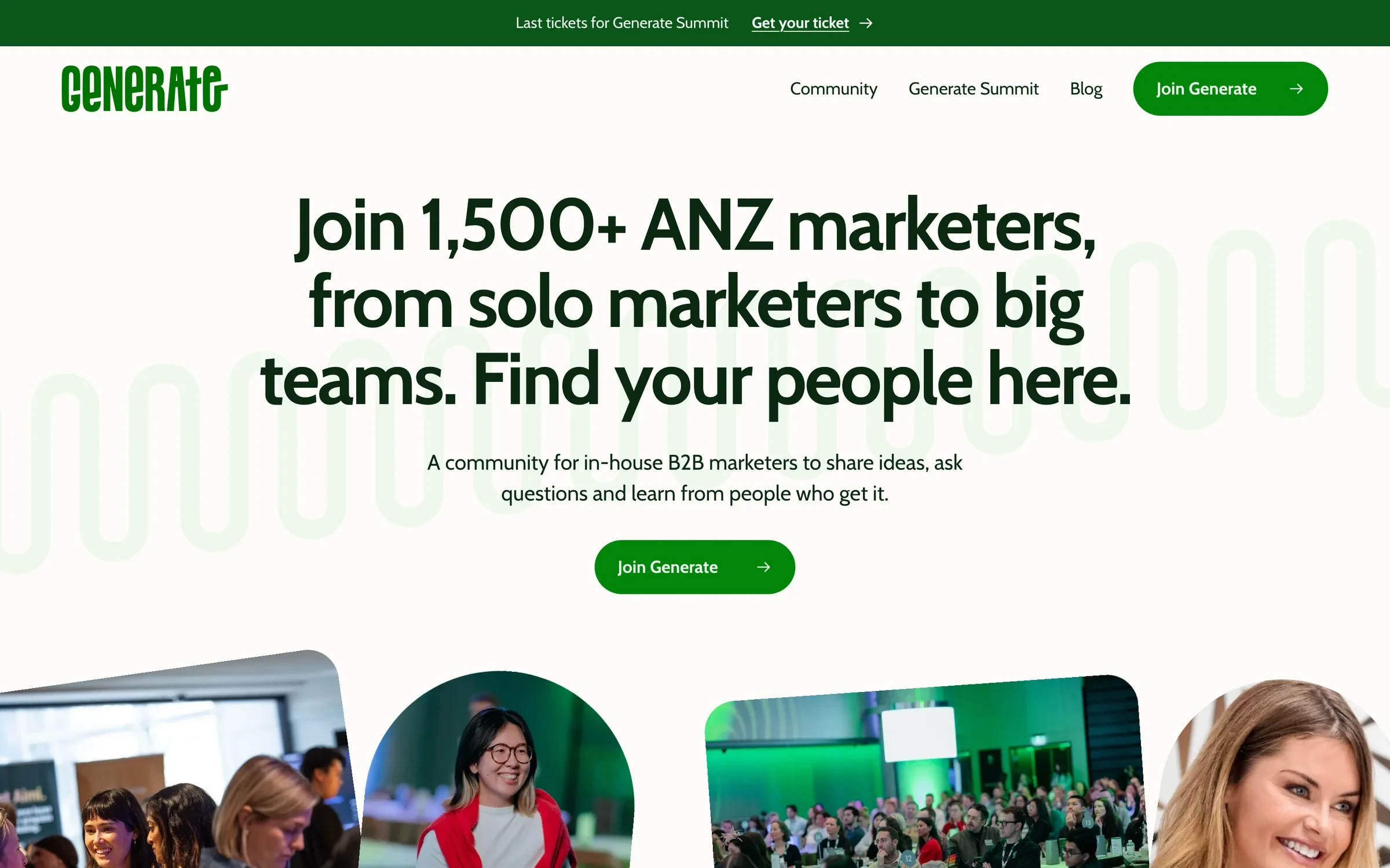 The new Generate home page: “Join 1,500+ ANZ marketers, from solo marketers to big teams. Find your people here.”