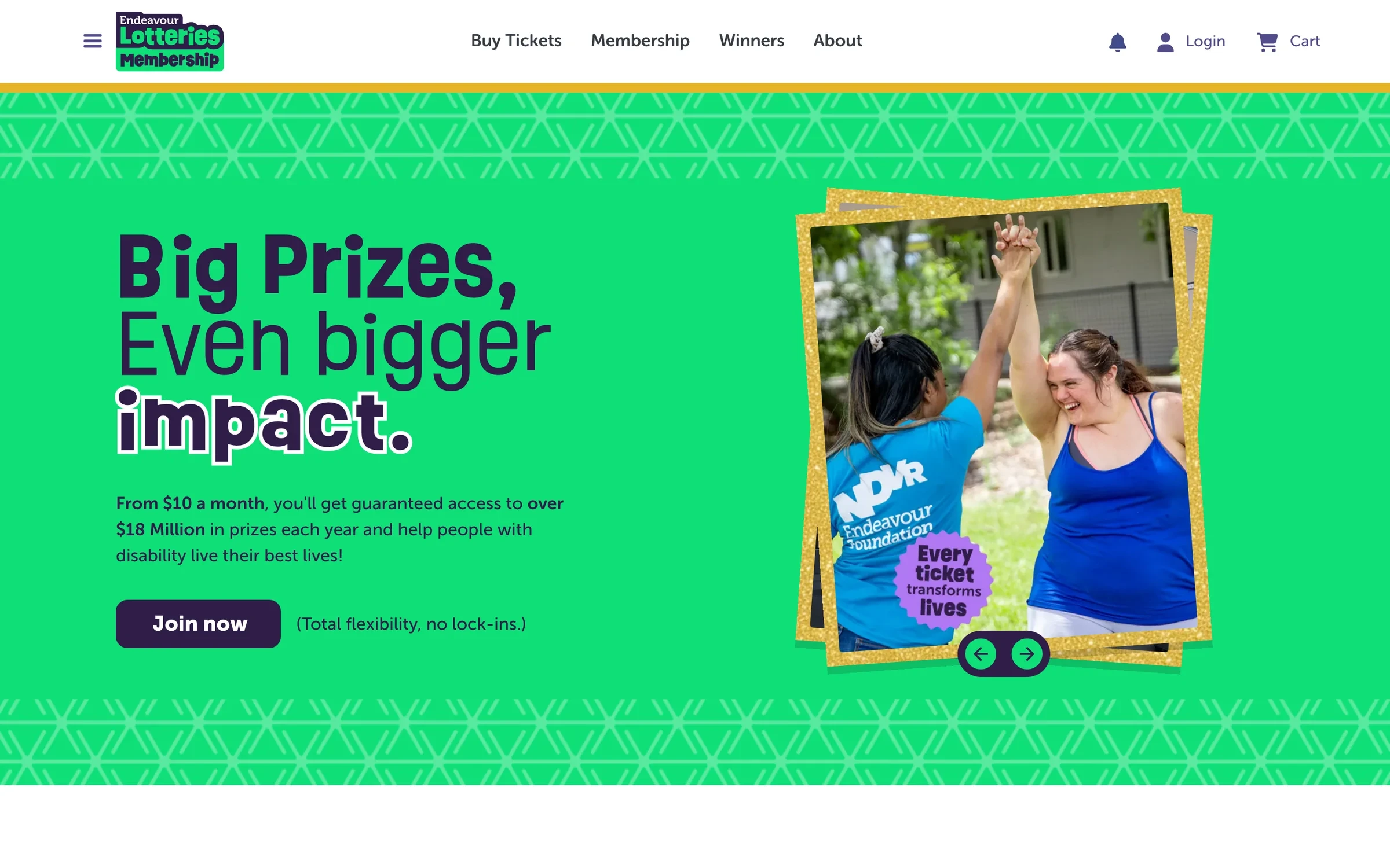 The Endeavour Lotteries Membership page: “Big Prizes, Even bigger impact.”