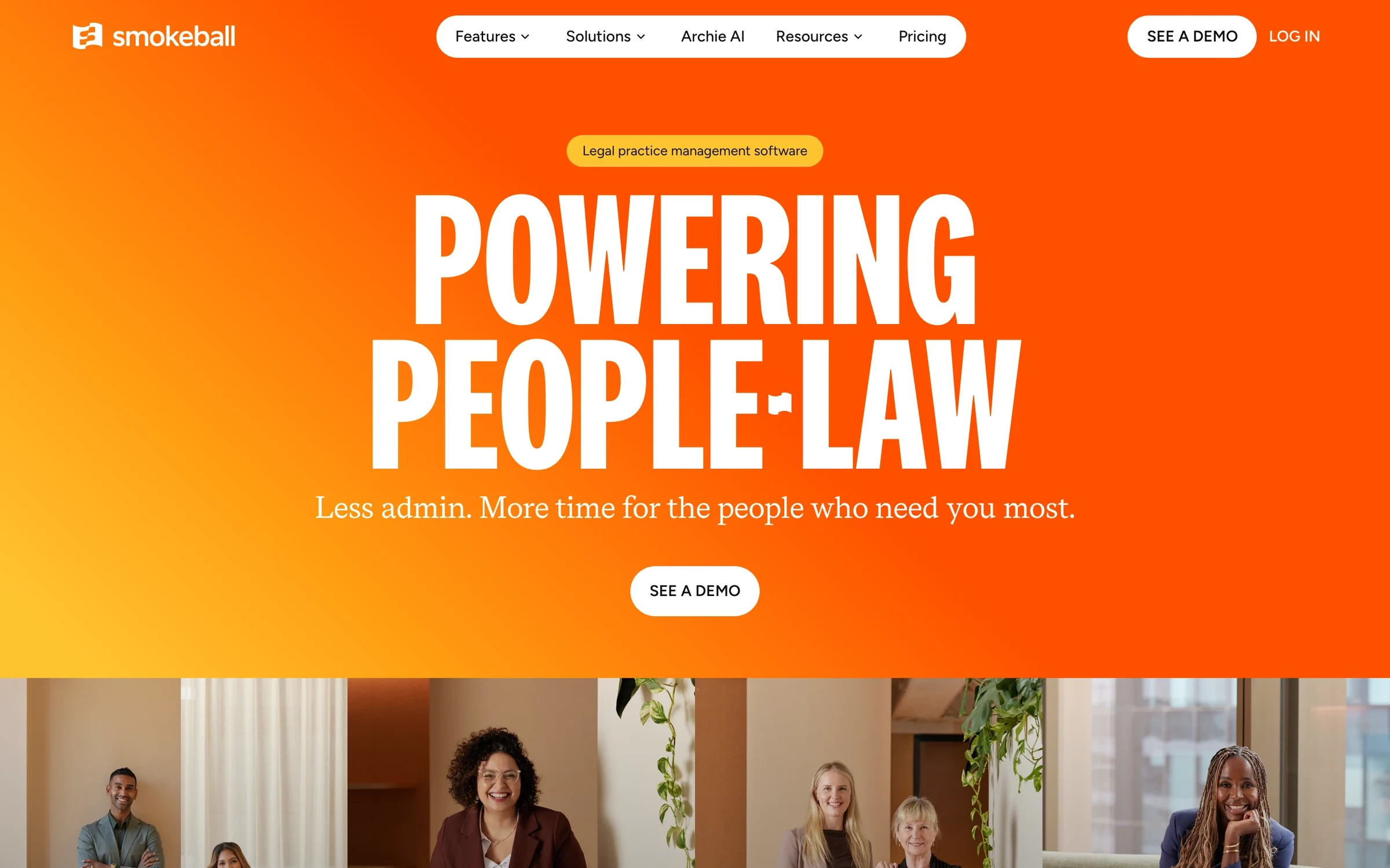 The Smokeball home page: an orange hero reading “Powering people-law”