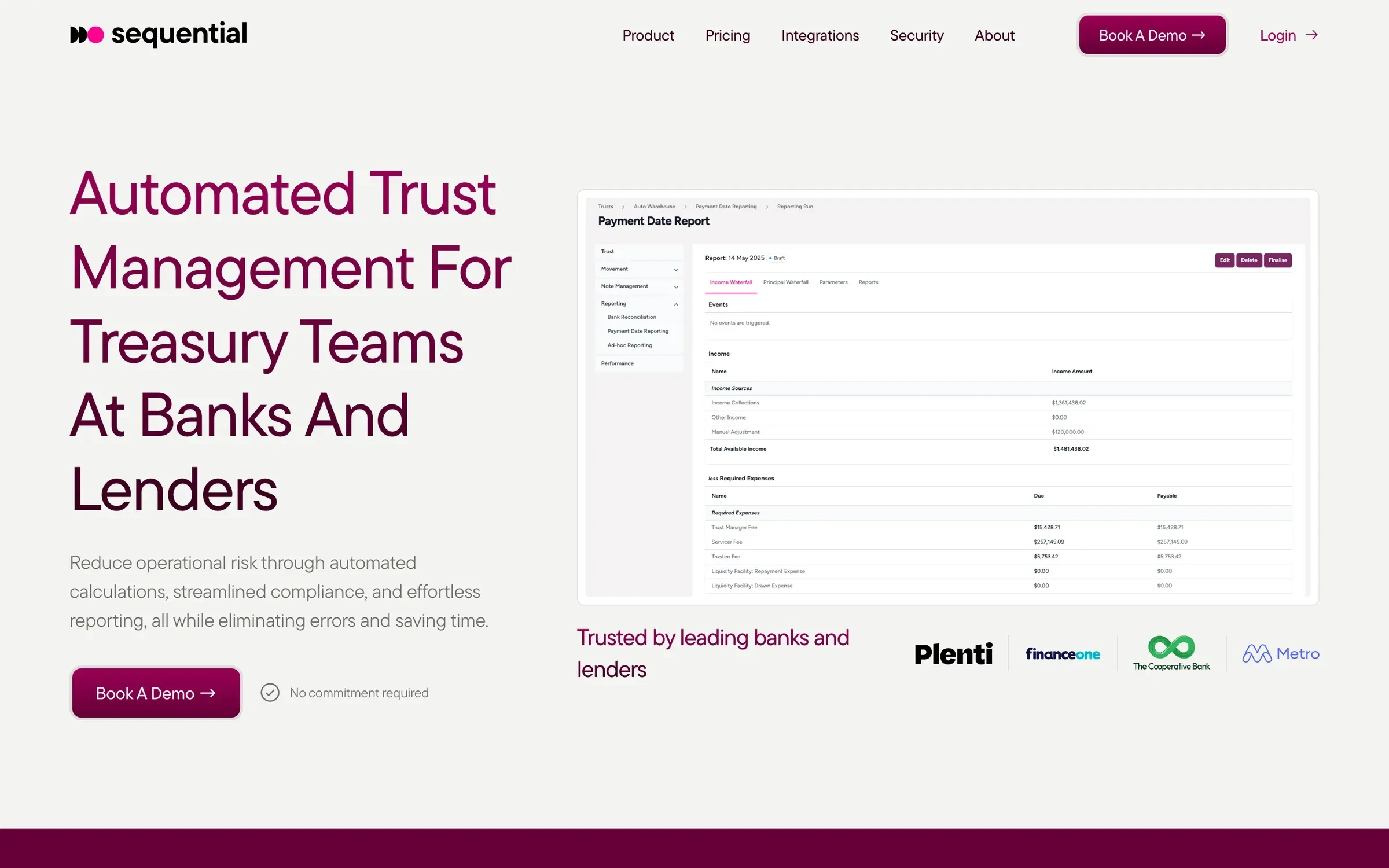The Sequential home page: “Automated Trust Management For Treasury Teams At Banks And Lenders” beside a payment data report, above the logos of the lenders that use it