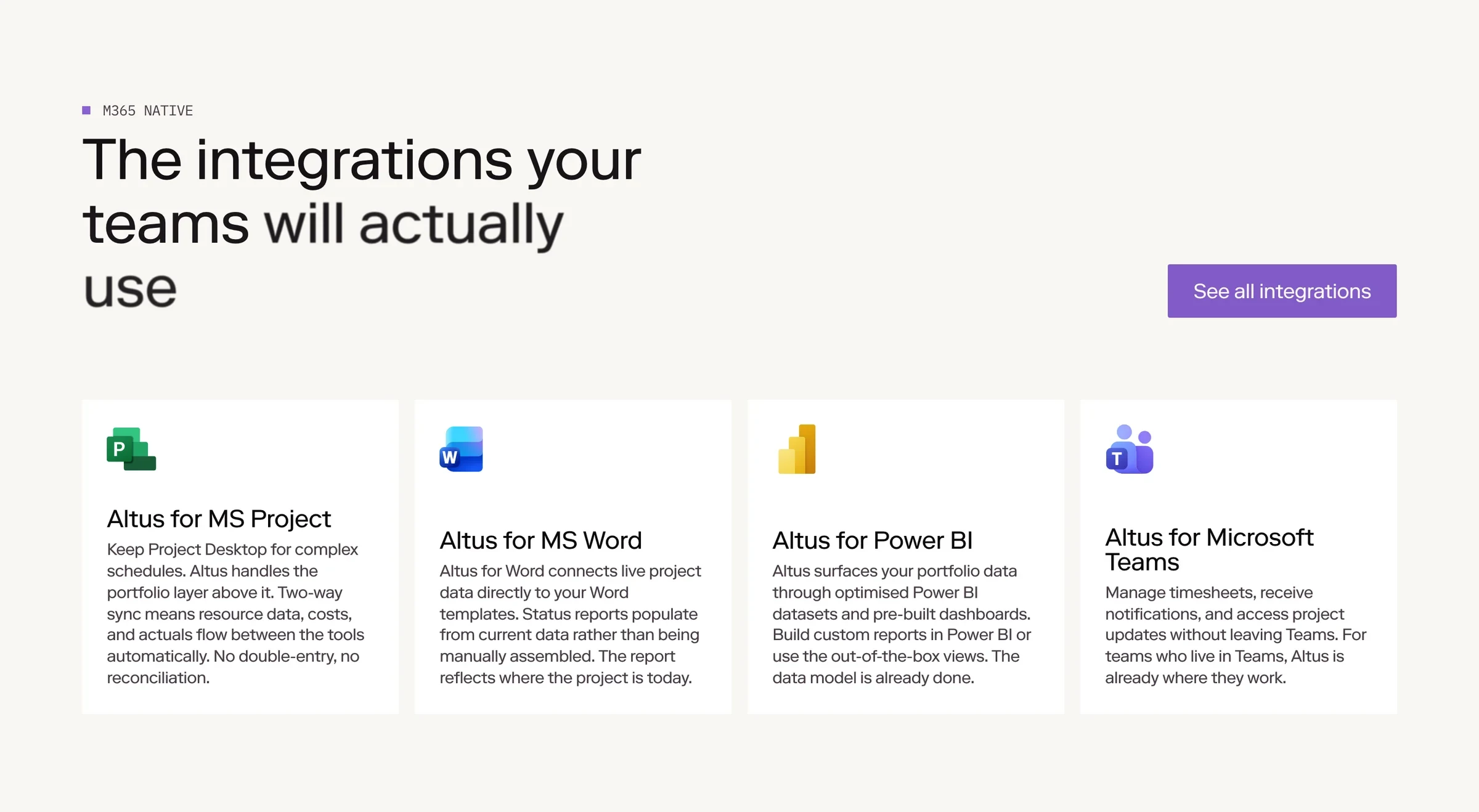 Integration cards for Microsoft Project, Word, Power BI and Teams