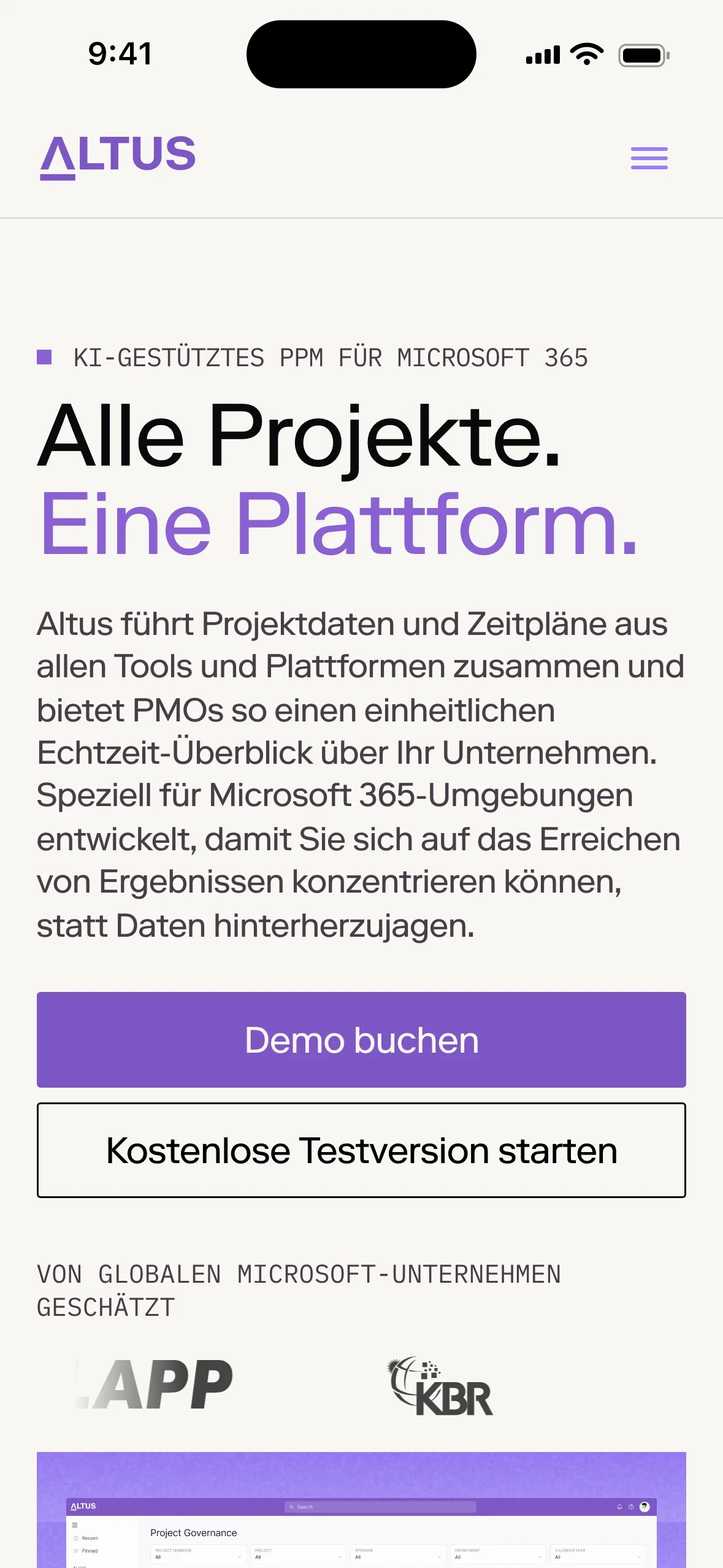 The German Altus home page on a phone