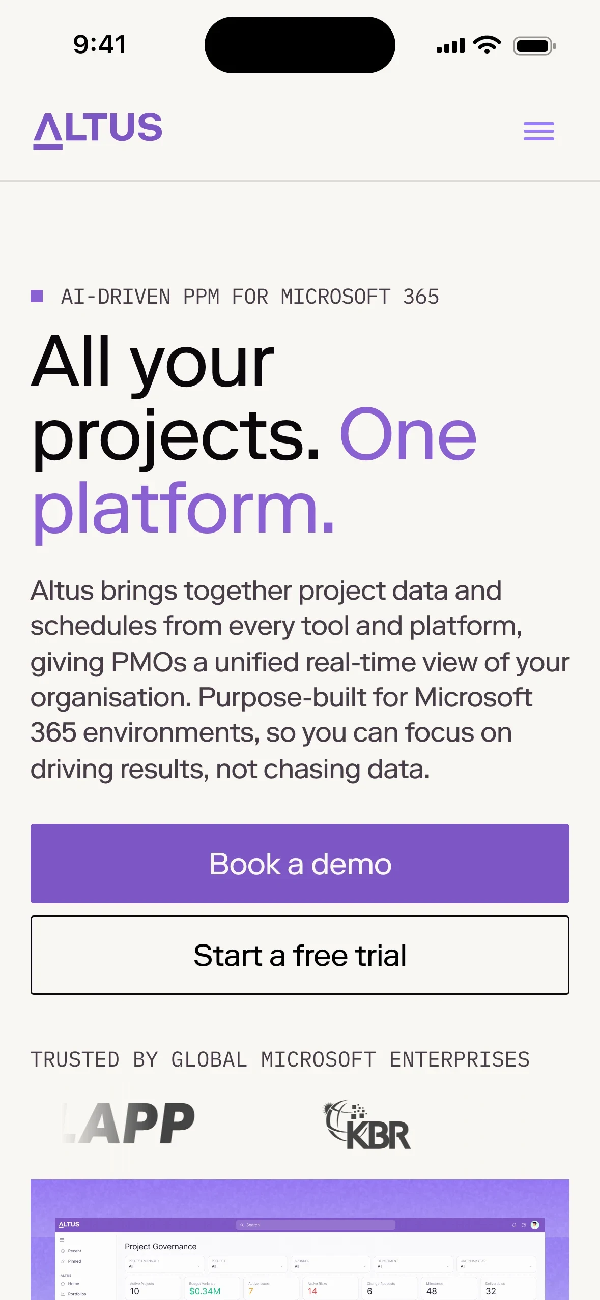 The Altus home page on a phone
