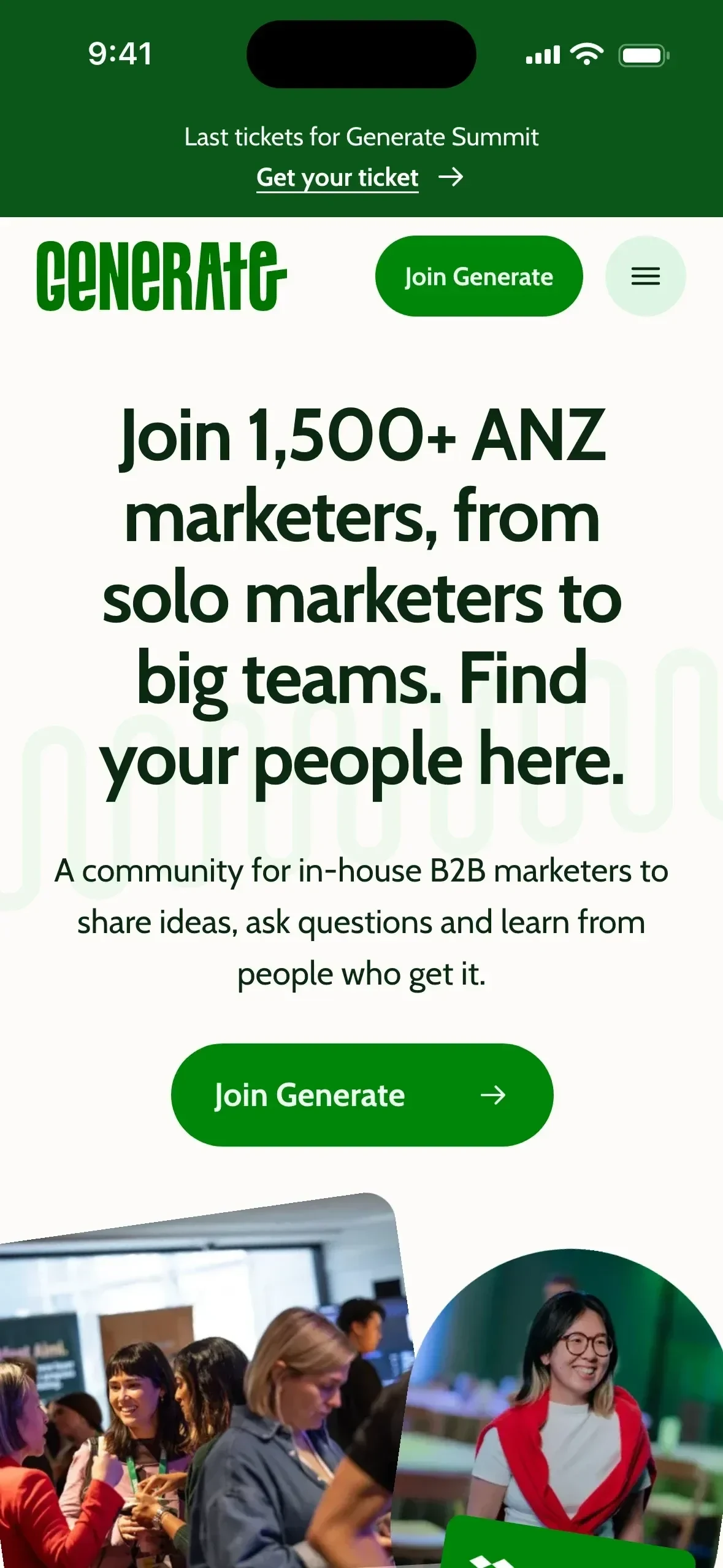 The new Generate home page on a phone