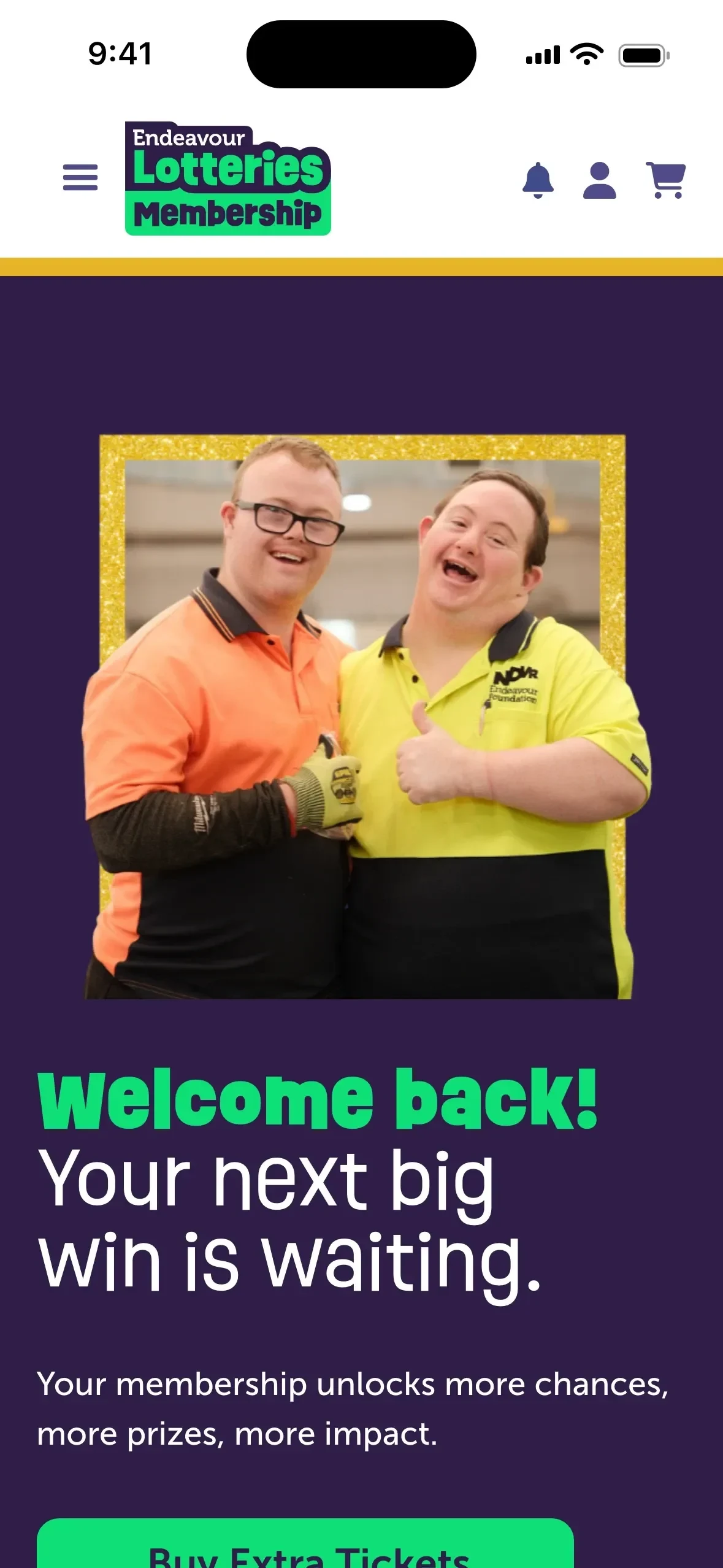 The members area on a phone: “Welcome back! Your next big win is waiting.”