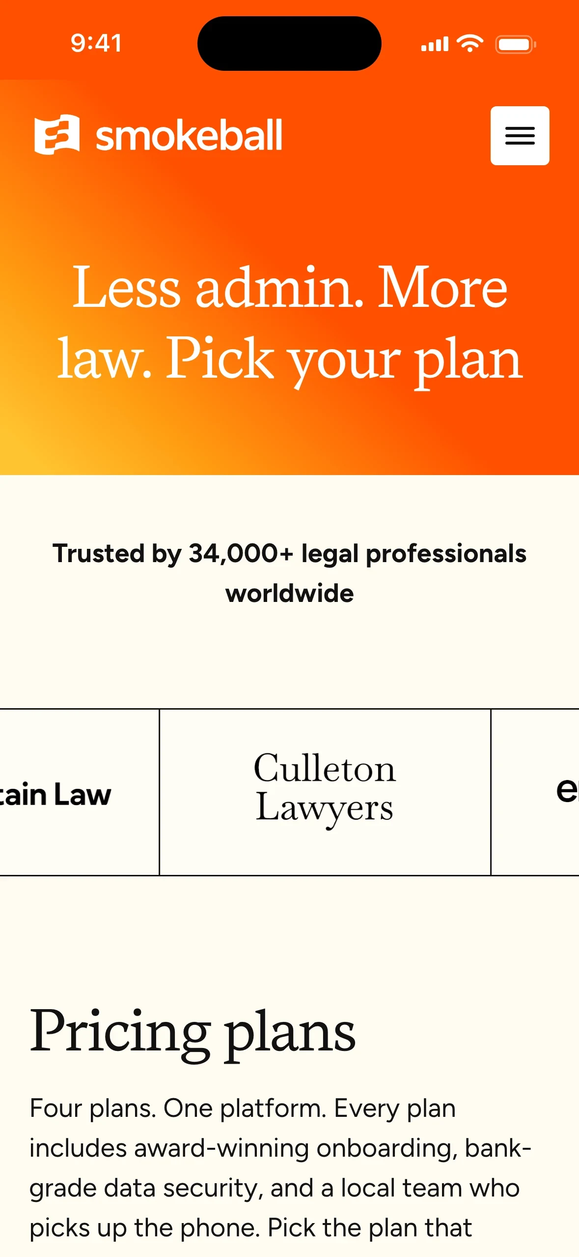 The Smokeball pricing page on a phone