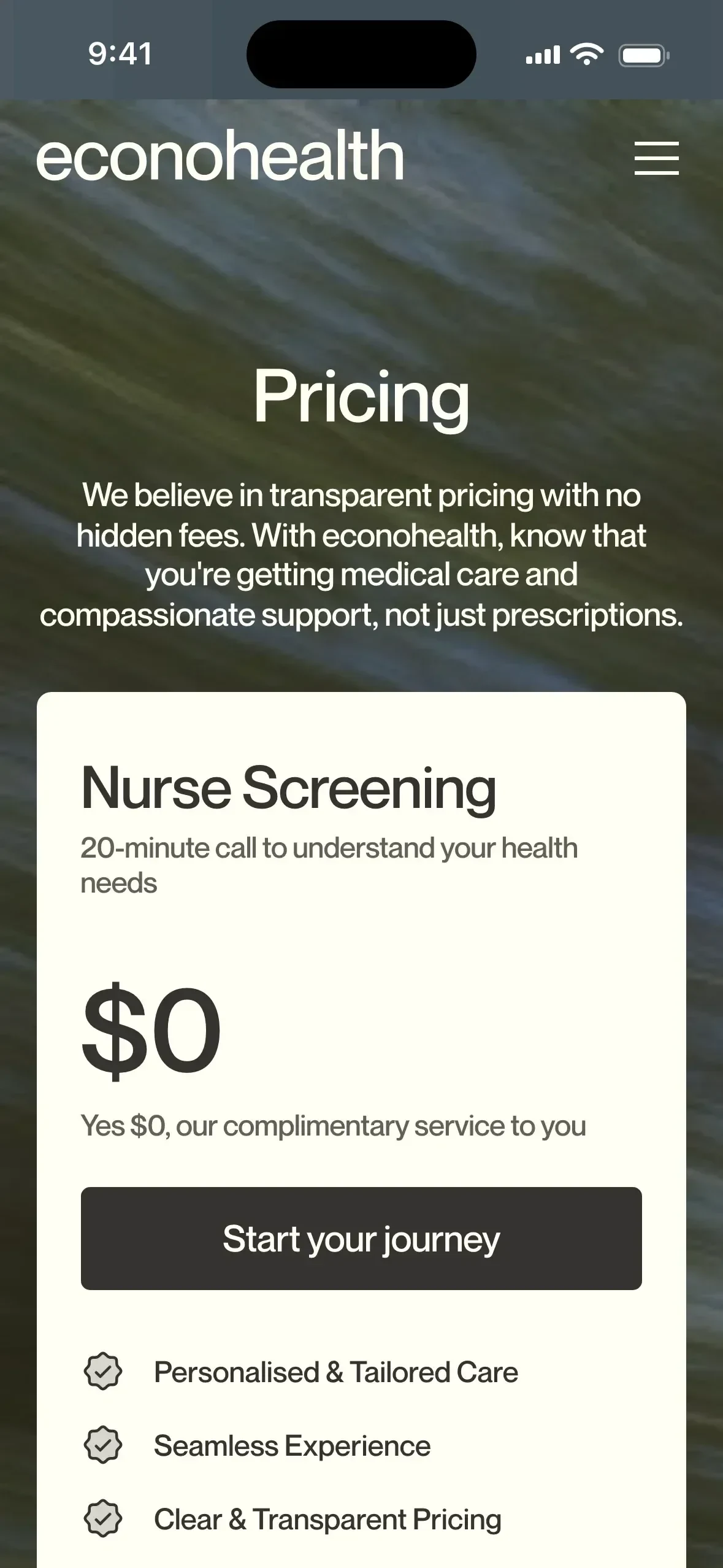 The Econohealth pricing page on a phone