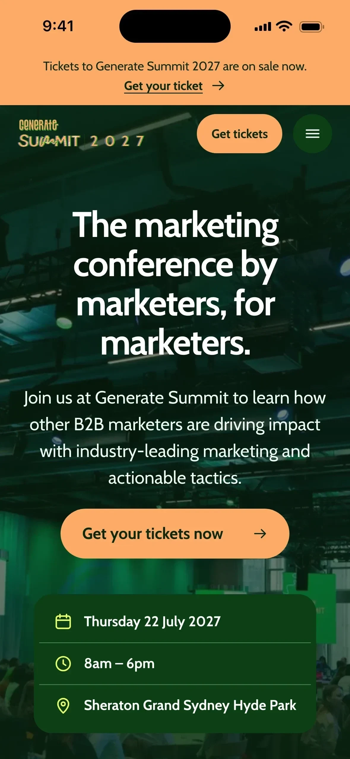 The Generate Summit page on a phone